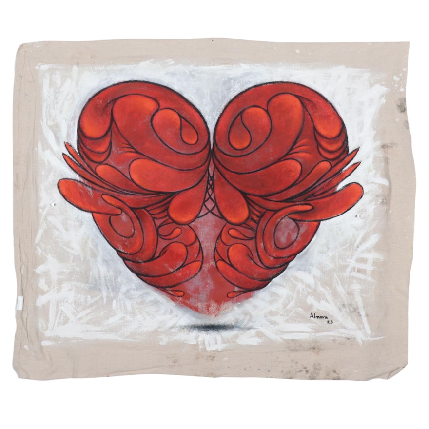 Osmel Almora Miró Stylized Mixed Media Painting of Heart, 2023