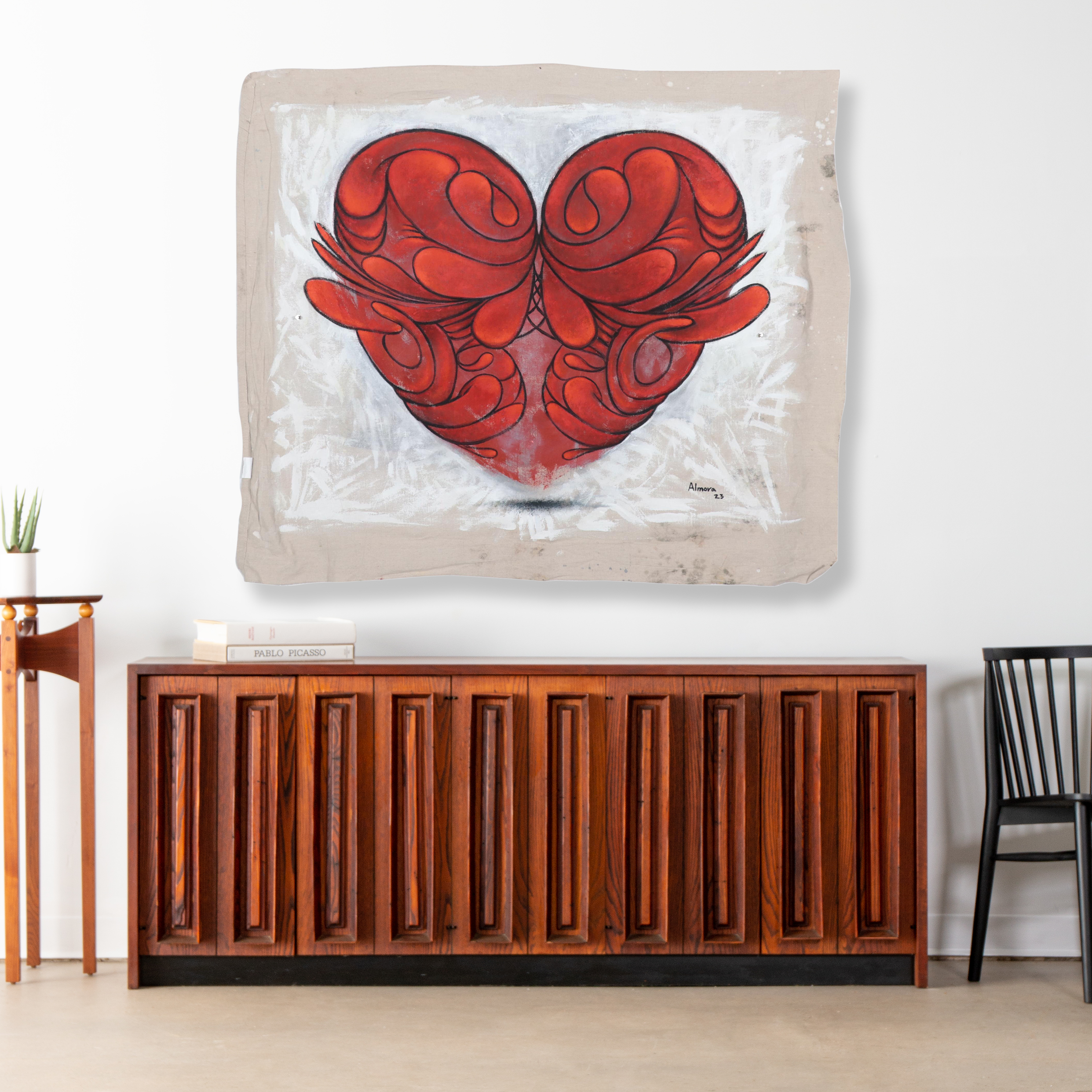 Osmel Almora Miró Stylized Mixed Media Painting of Heart, 2023