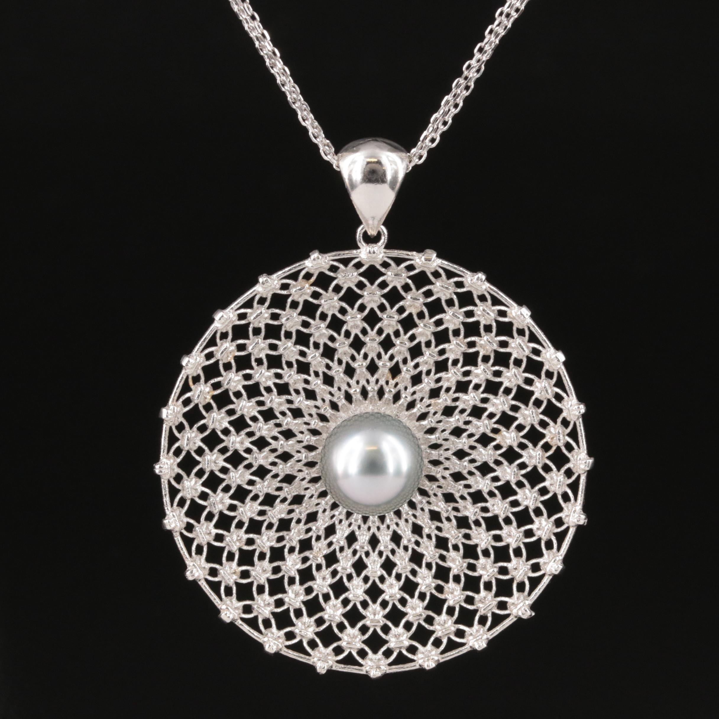 Sterling Pearl Openwork Circle Pendant Necklace