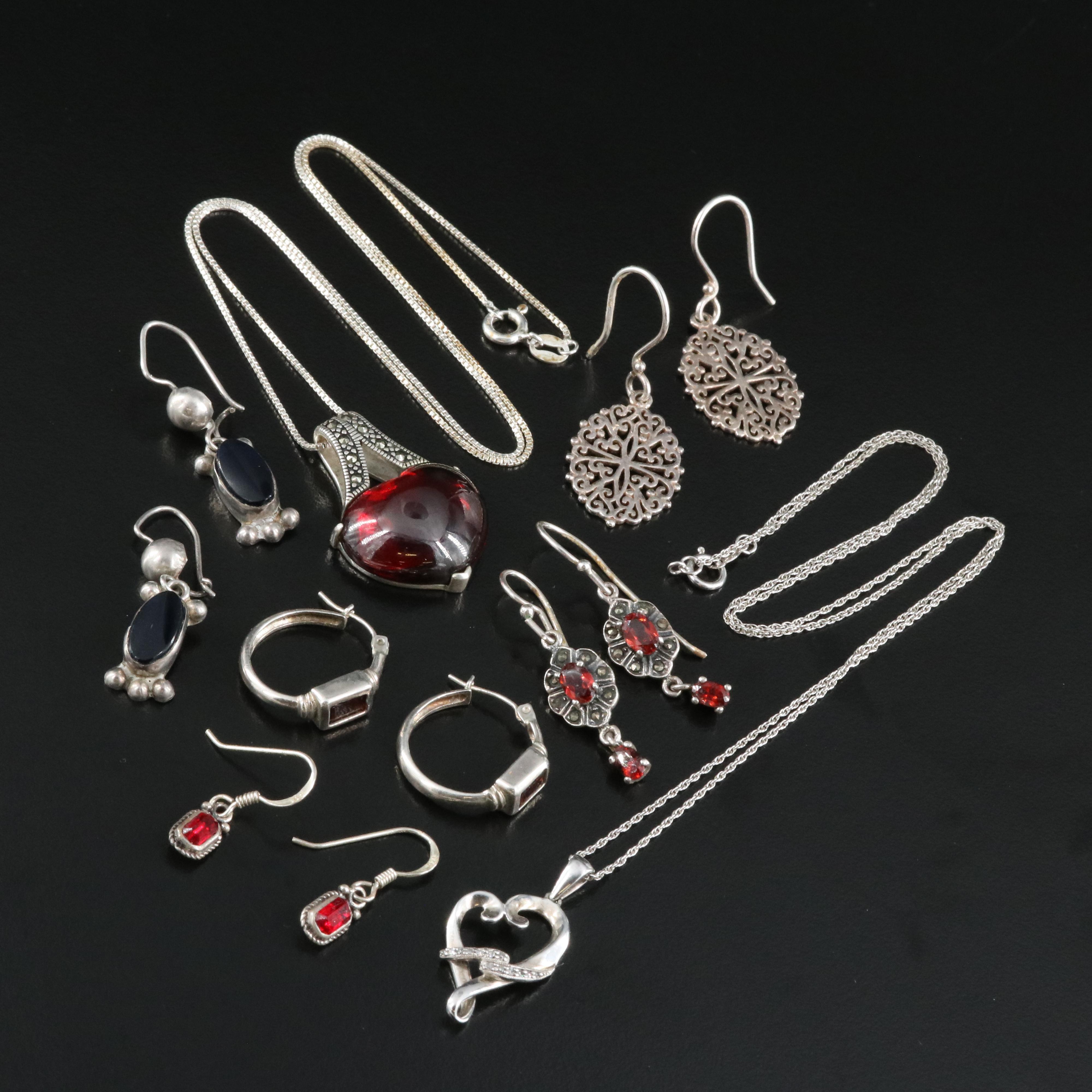 Sterling Earrings and Necklaces Including Diamond, Glass and Marcasite