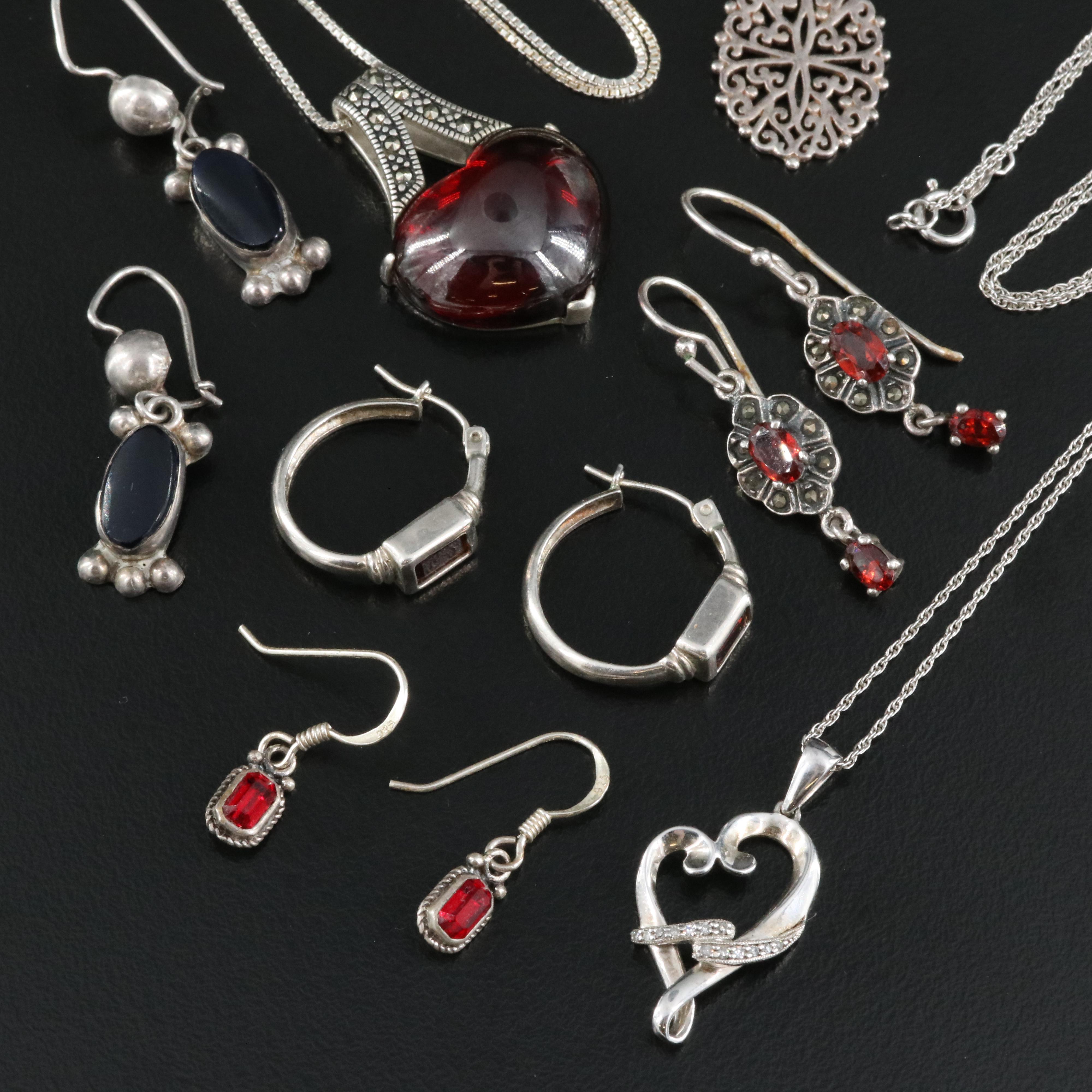 Sterling Earrings and Necklaces Including Diamond, Glass and Marcasite