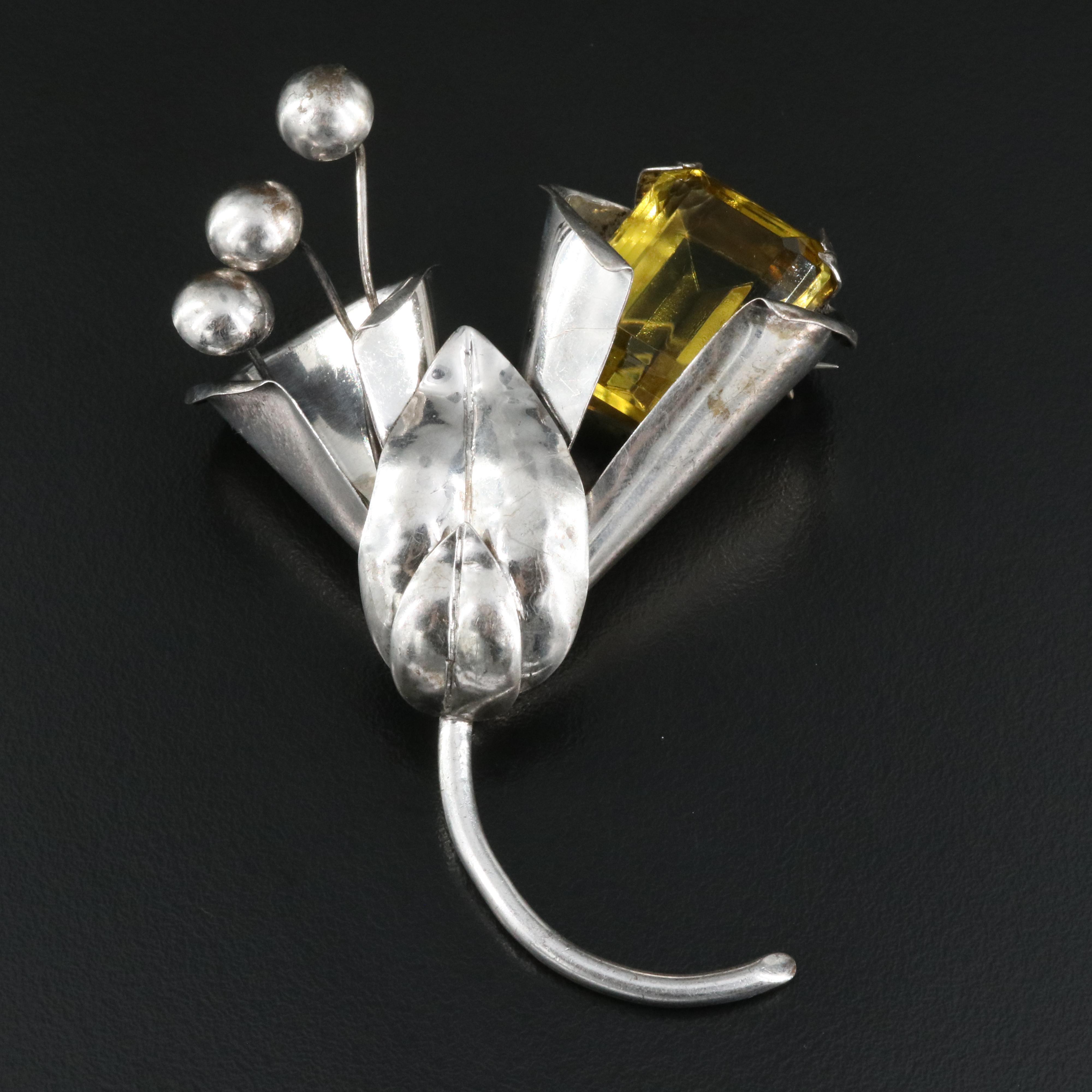 Sterling Glass Floral Brooch