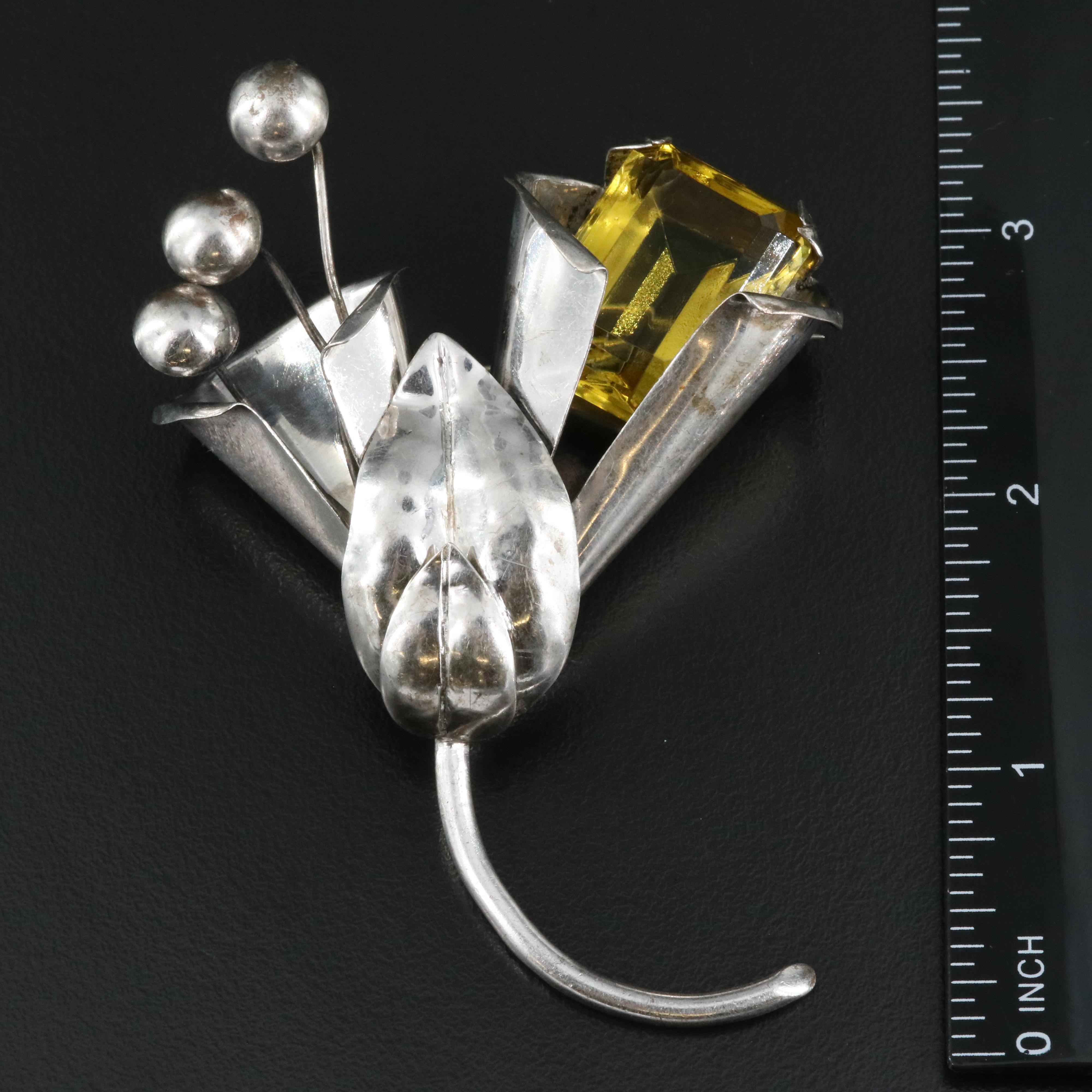 Sterling Glass Floral Brooch