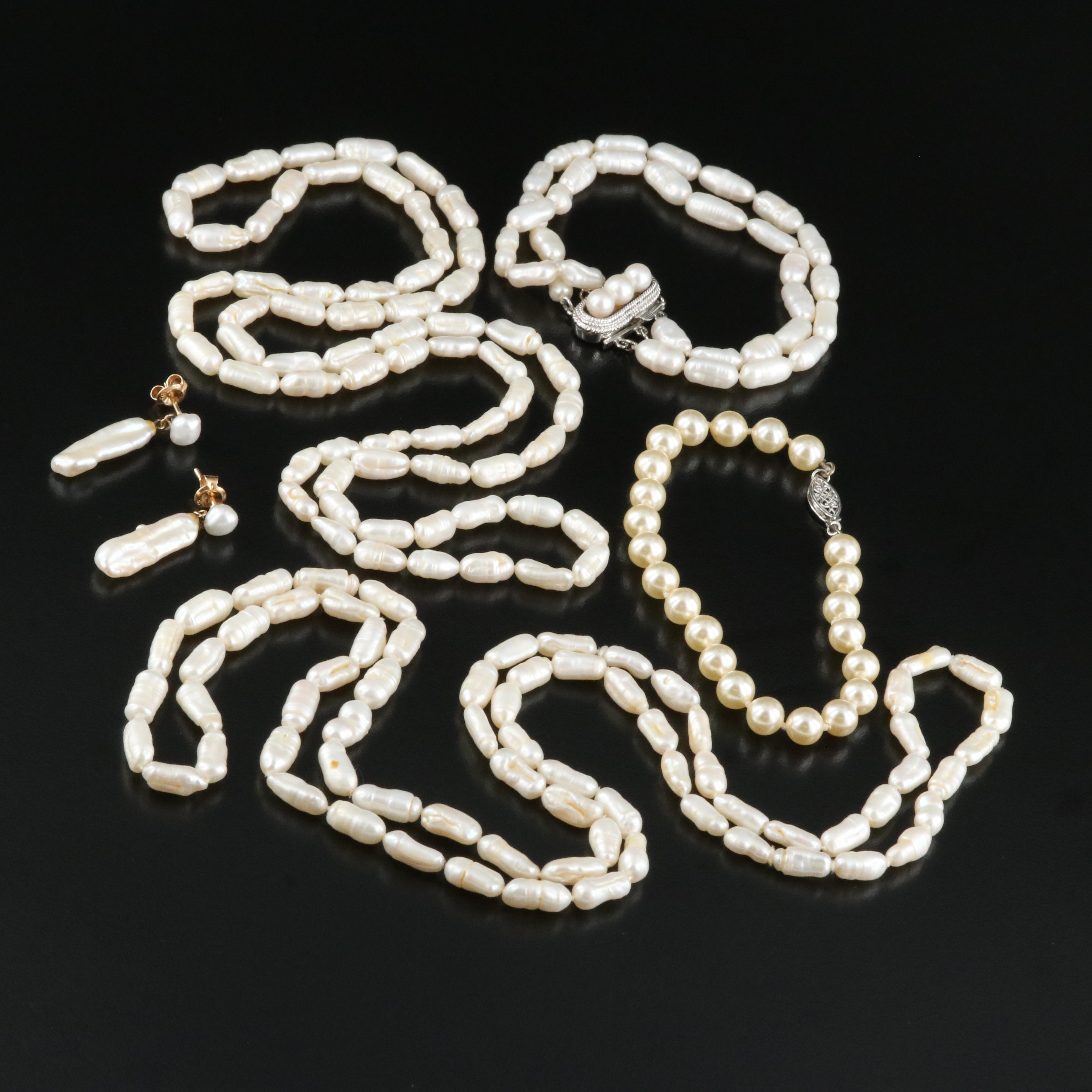 18K Pearl Earrings, Sterling Pearl Bracelet and Pearl Necklaces