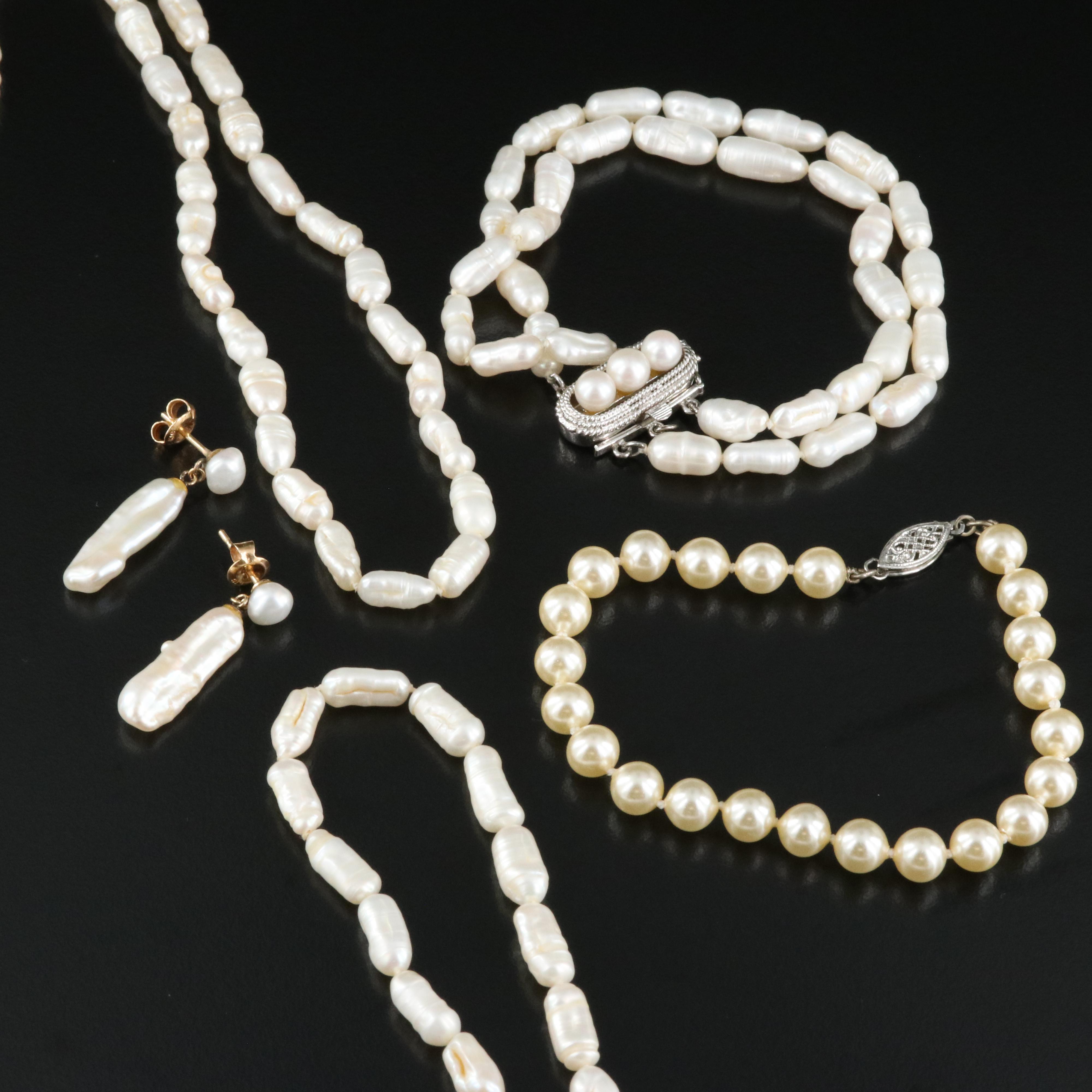 18K Pearl Earrings, Sterling Pearl Bracelet and Pearl Necklaces