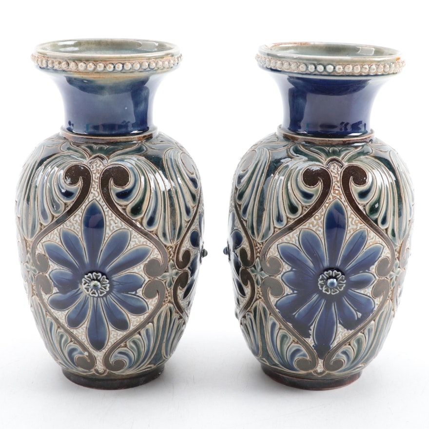 Pair of Doulton Lambeth Art Pottery Earthenware Vases, circa 1882