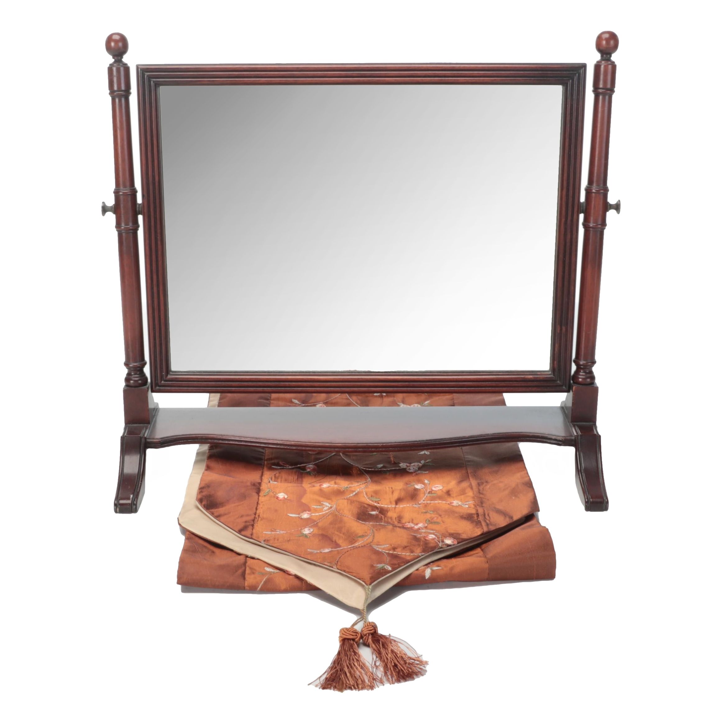 Federal Style Wooden Shaving or Dresser Mirror with Embroidered Table Runner