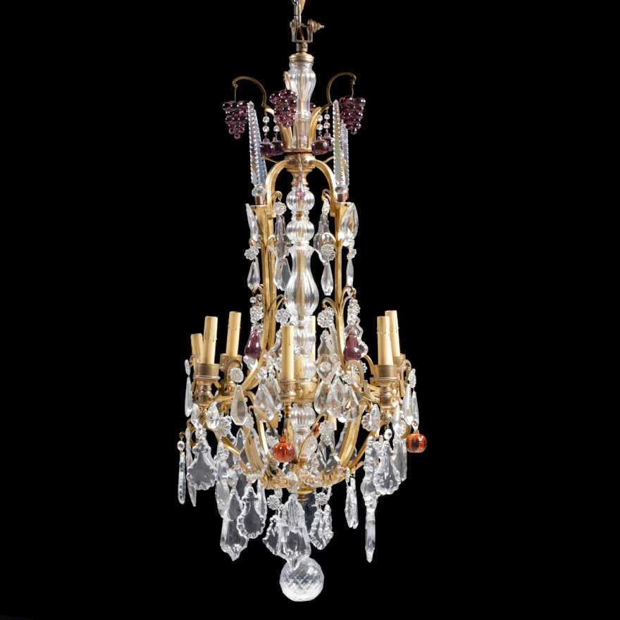 Neoclassical Style Gilt Metal Chandelier with Crystal Fruit and Pendeloque Drops