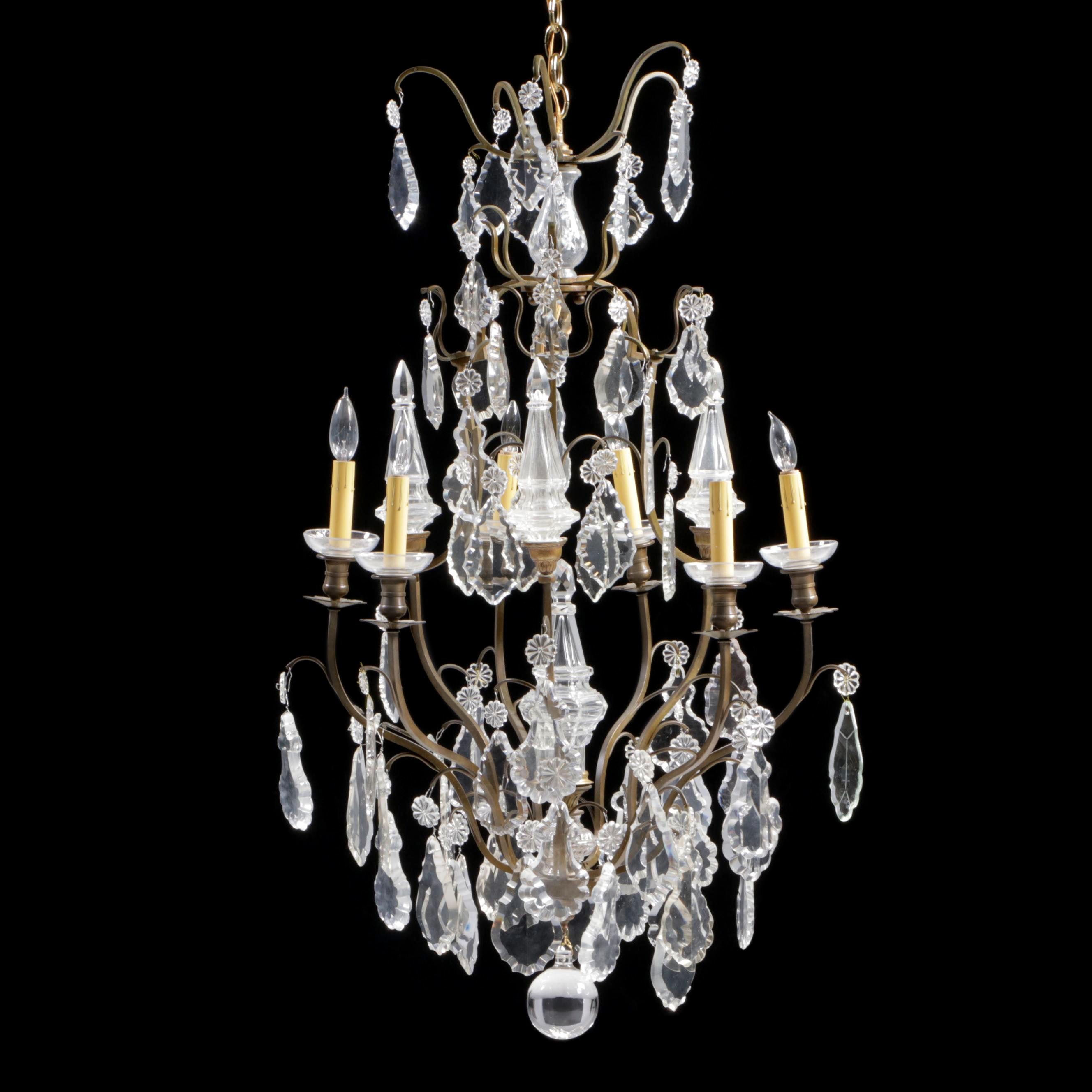 Baroque Style Wrought Metal Chandelier with Crystal Pendeloque Prisms