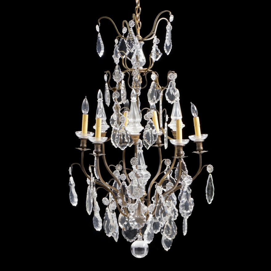 Baroque Style Wrought Metal Chandelier with Crystal Pendeloque Prisms