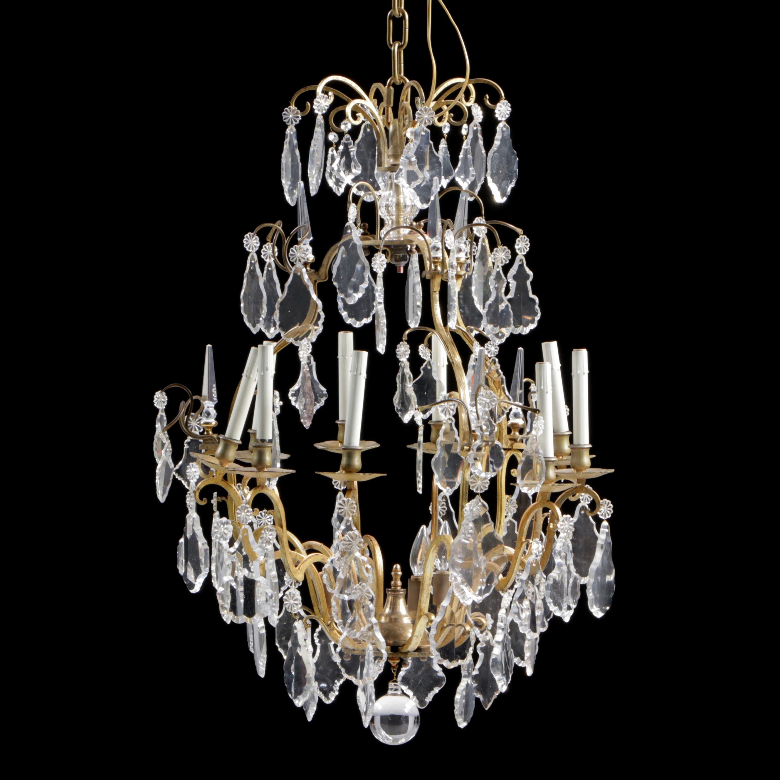 French Gilt Metal Nine-Arm Chandelier with Crystal Pendeloque Prisms