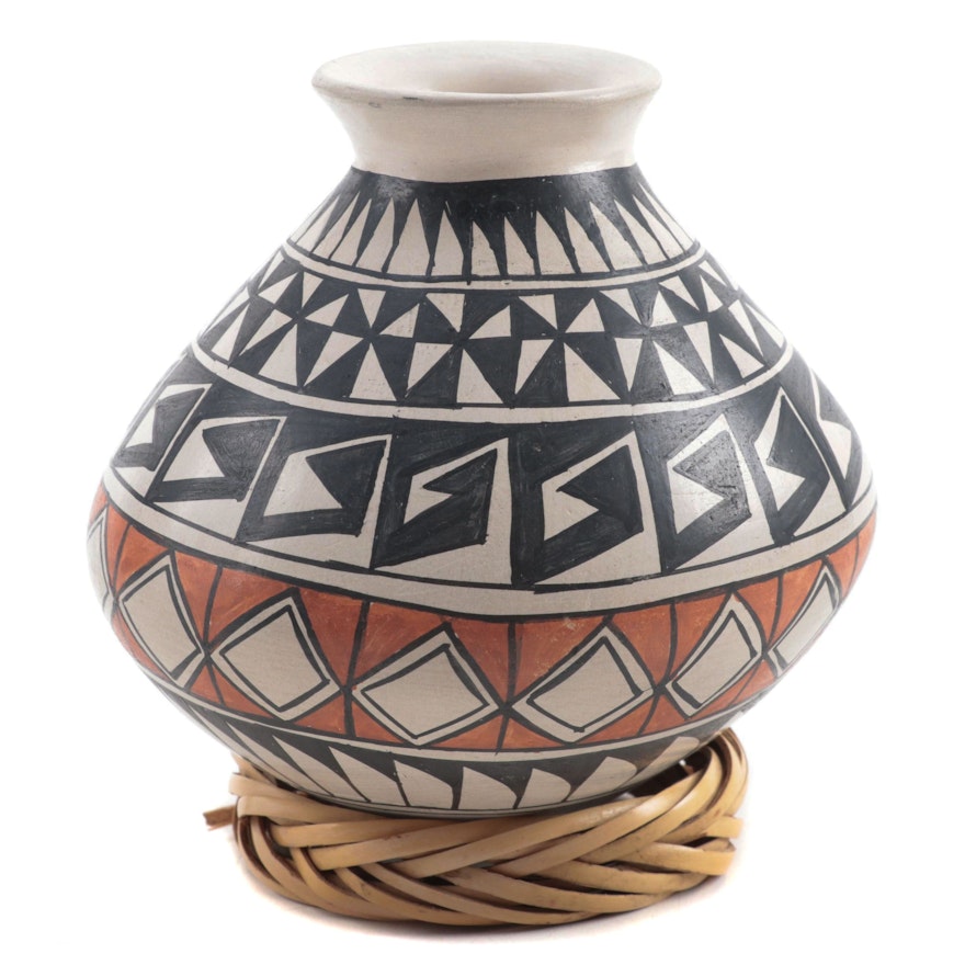 Laura Quezada Mata Ortiz Ceramic Vessel With Woven Reed Stand