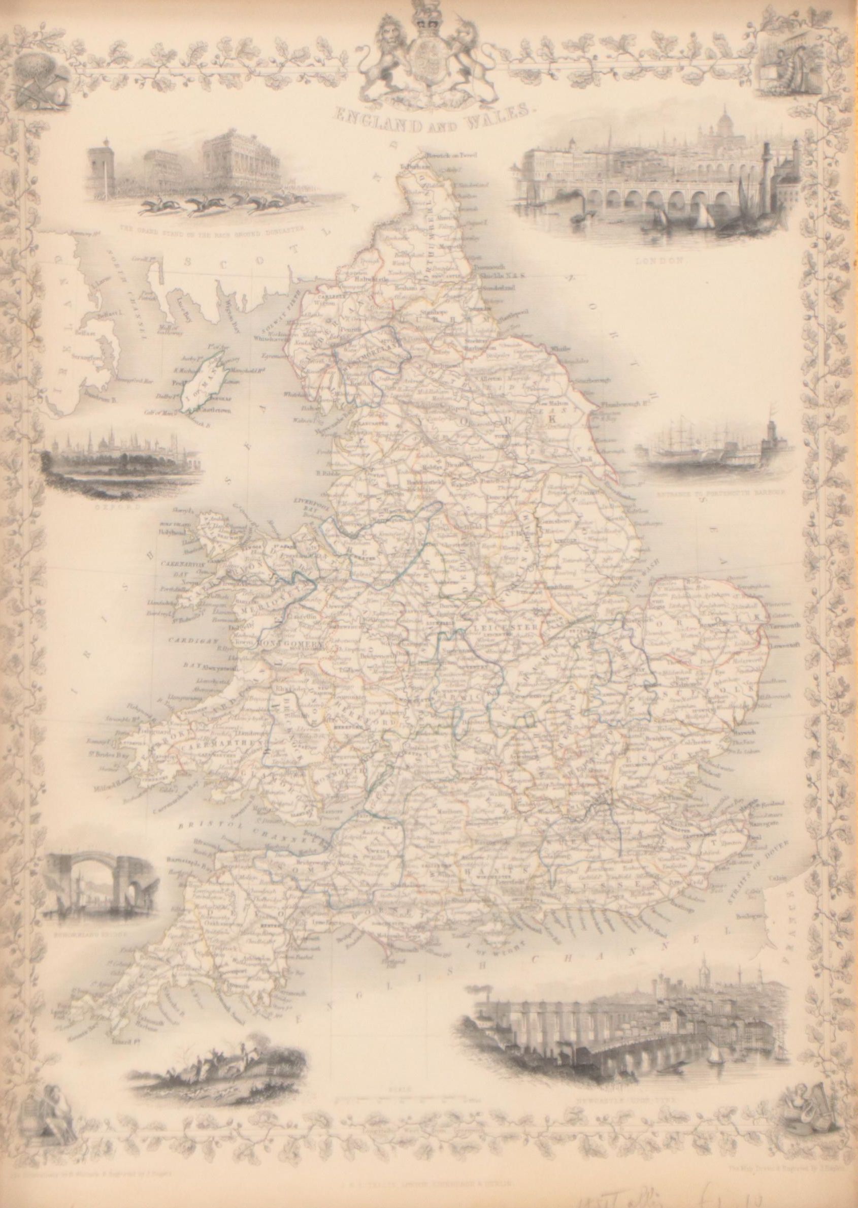 John Rapkin Hand-Colored Engraving Map of England and Wales, 1851