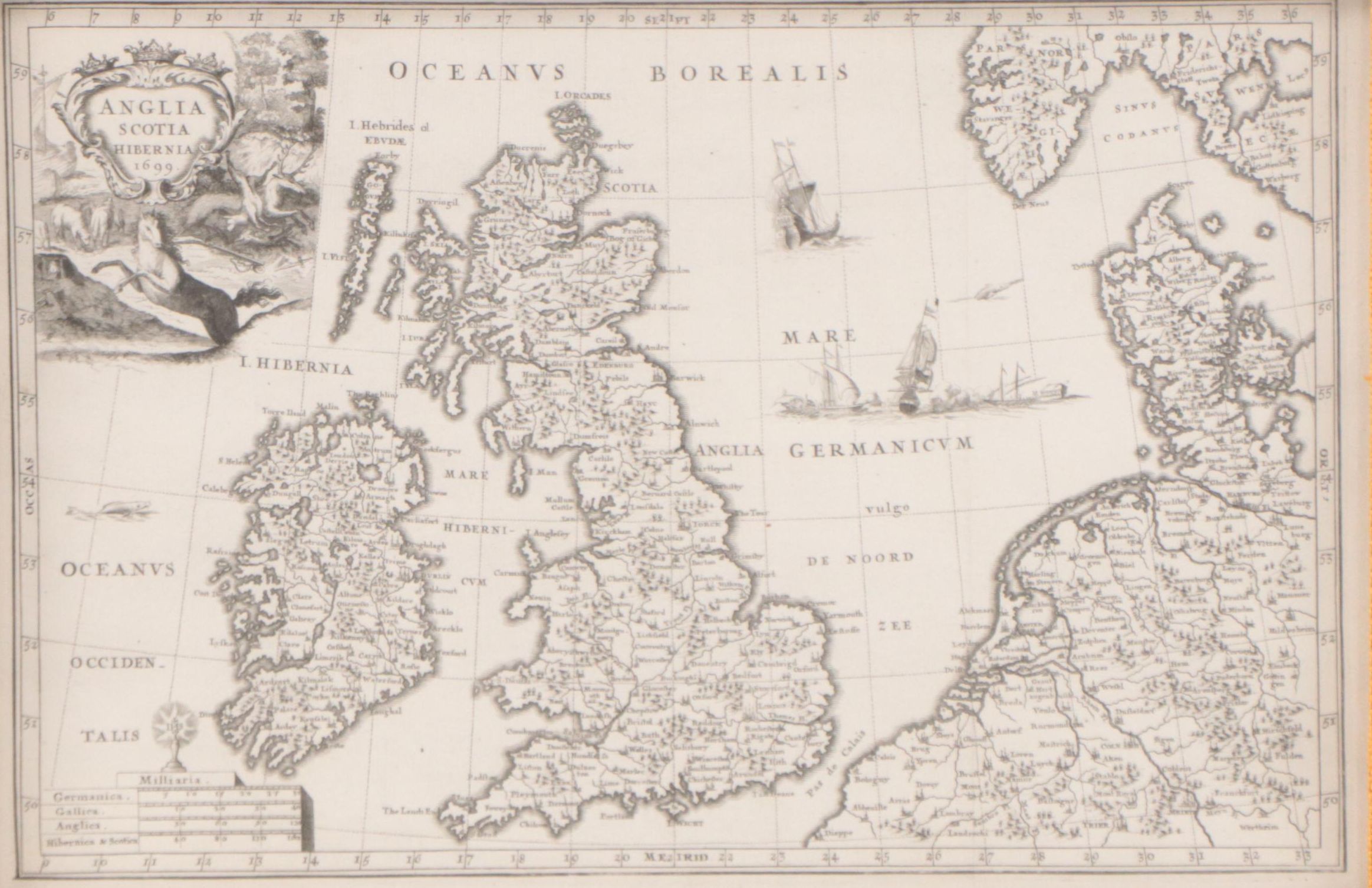 Engraving Map "Anglia, Scotia, Hibernia," 1699