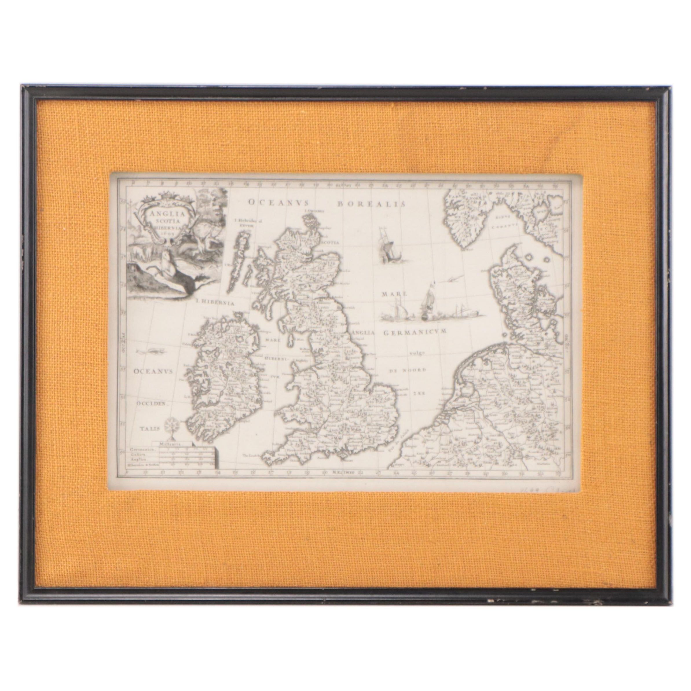 Engraving Map "Anglia, Scotia, Hibernia," 1699