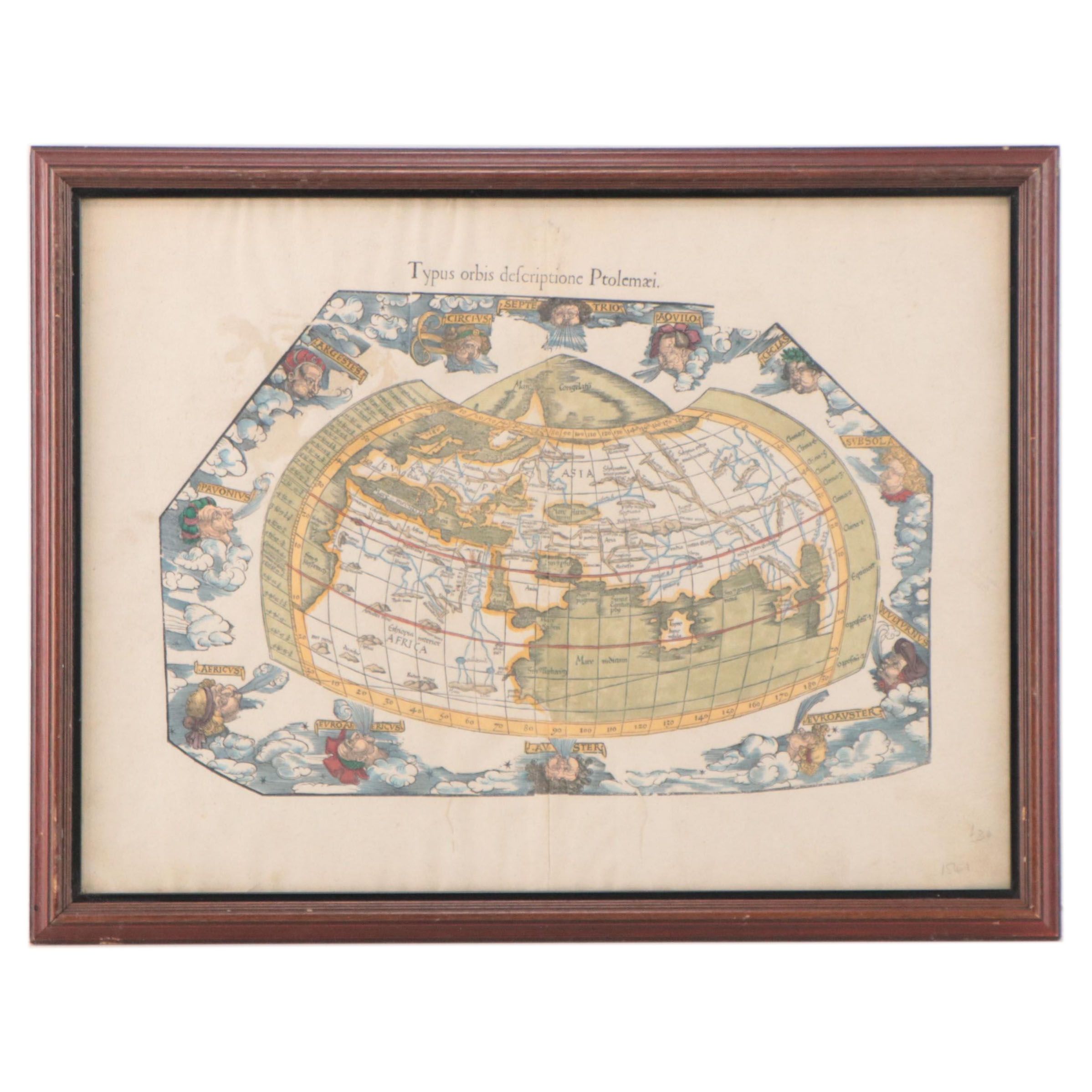 Lorenz Fries Hand-Colored Engraving World Map, Early 16th Century