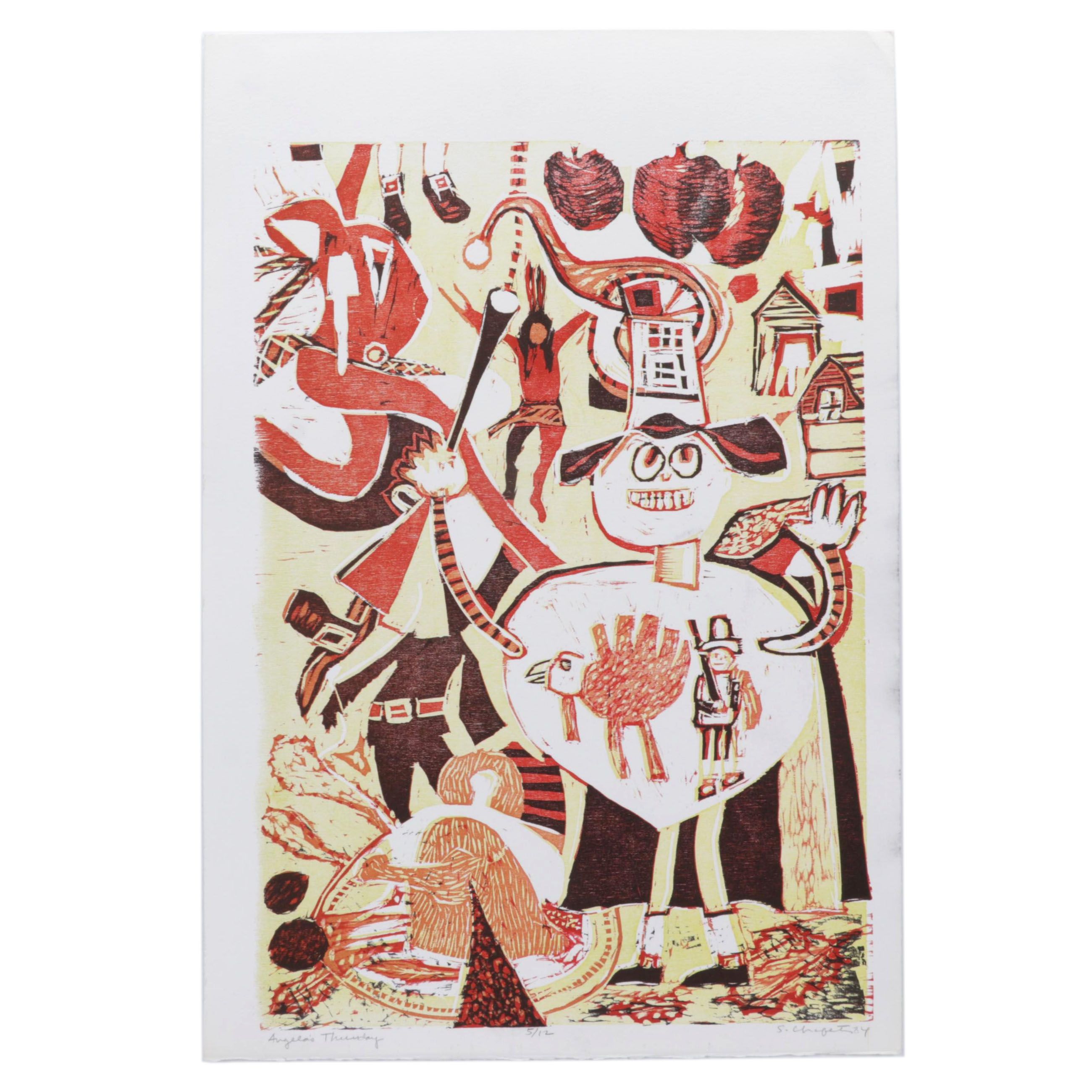 Sidney Chafetz Woodcut "Angela's Thursday," 1984