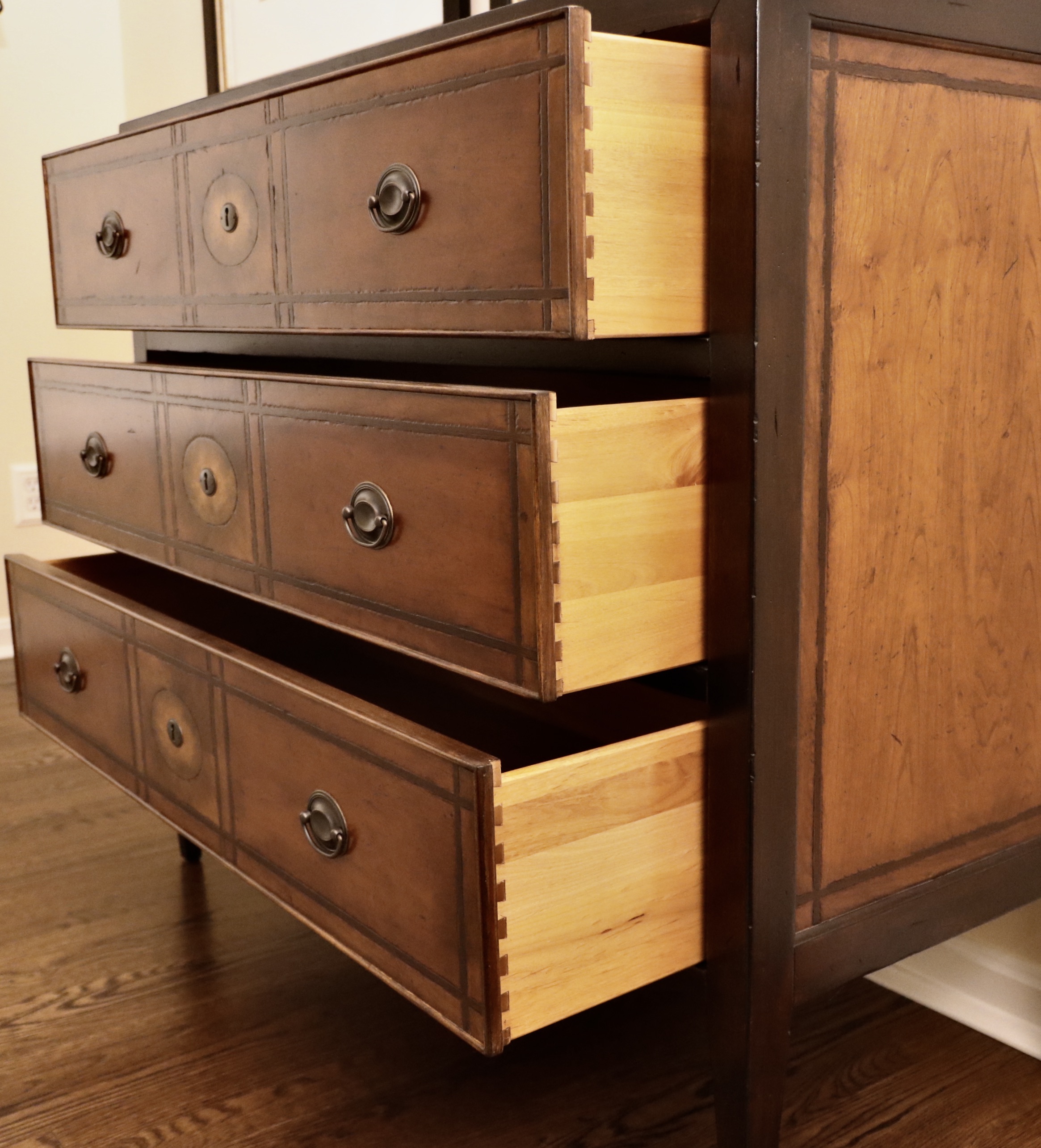 Ethan Allen "Eastgate" Marquetry Style Accented Antiqued Chest of Drawers