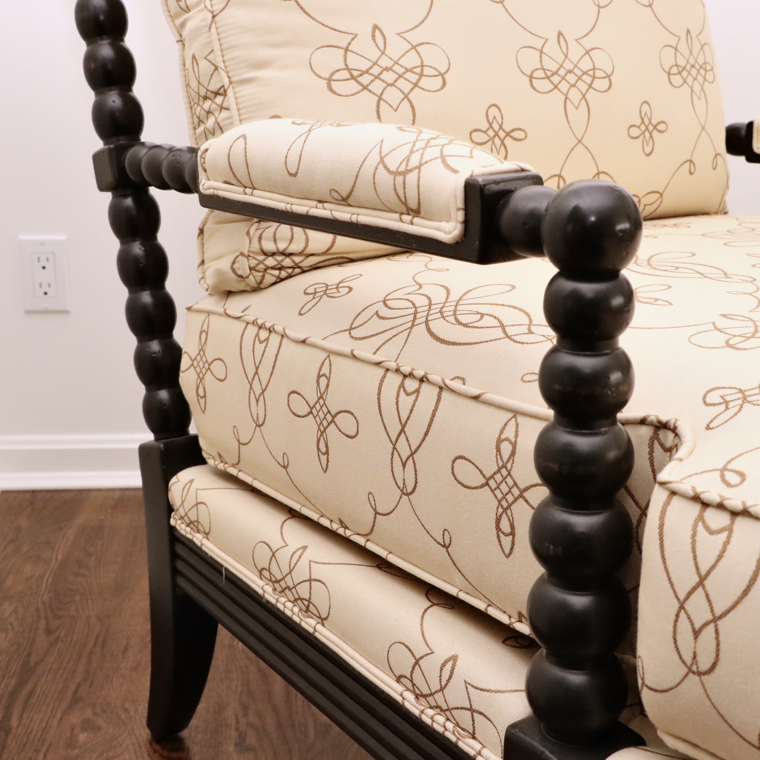 Ethan Allen "Brandt" Custom-Upholstered Spindle Chair and "Romano" Accent Table