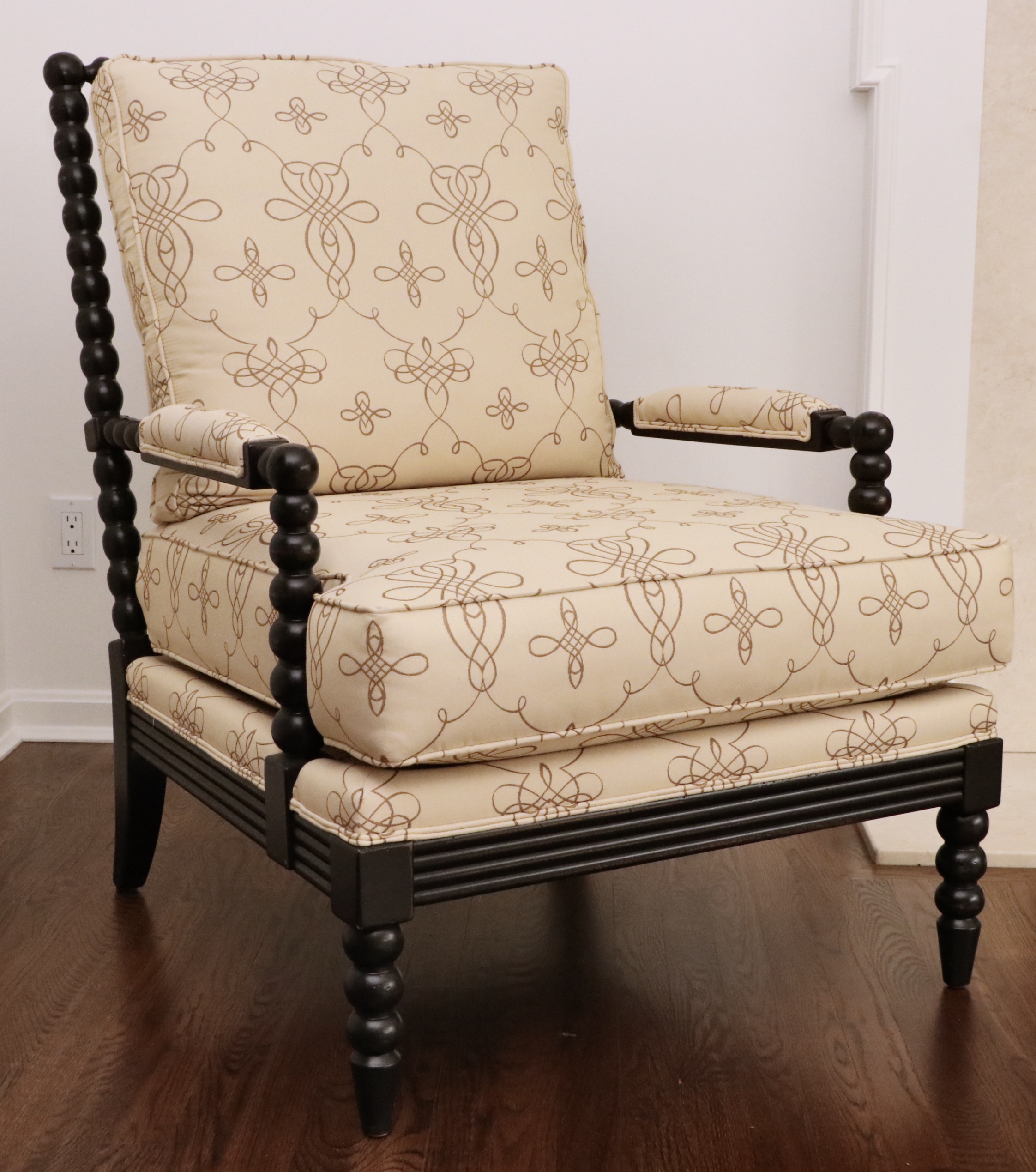 Ethan Allen "Brandt" Custom-Upholstered Spindle Chair and "Romano" Accent Table