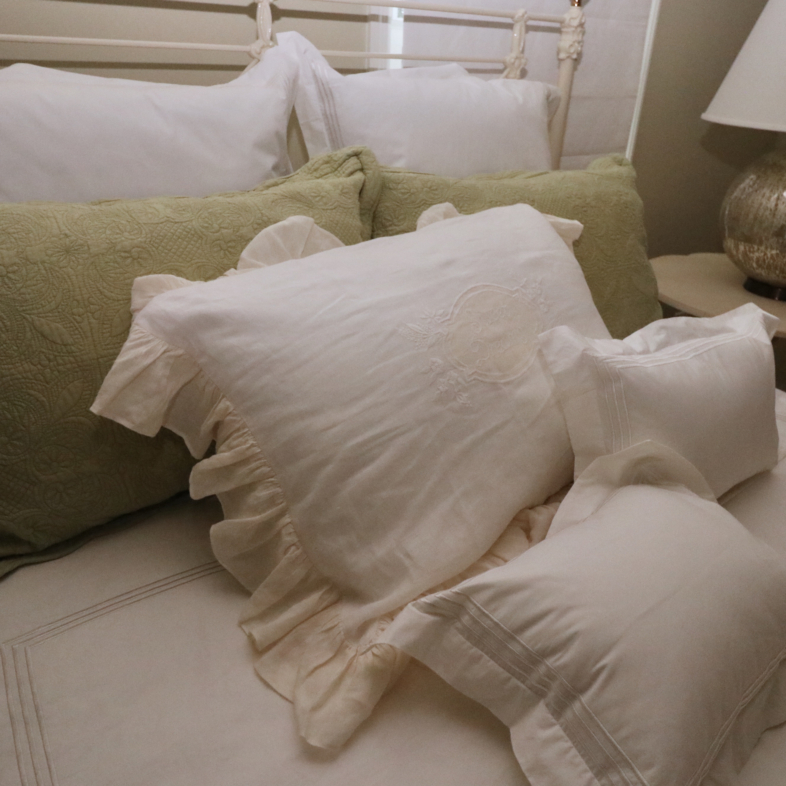 Elliott's Designs Ivory Enameled Iron Campaign Style Queen Bed and Side Table