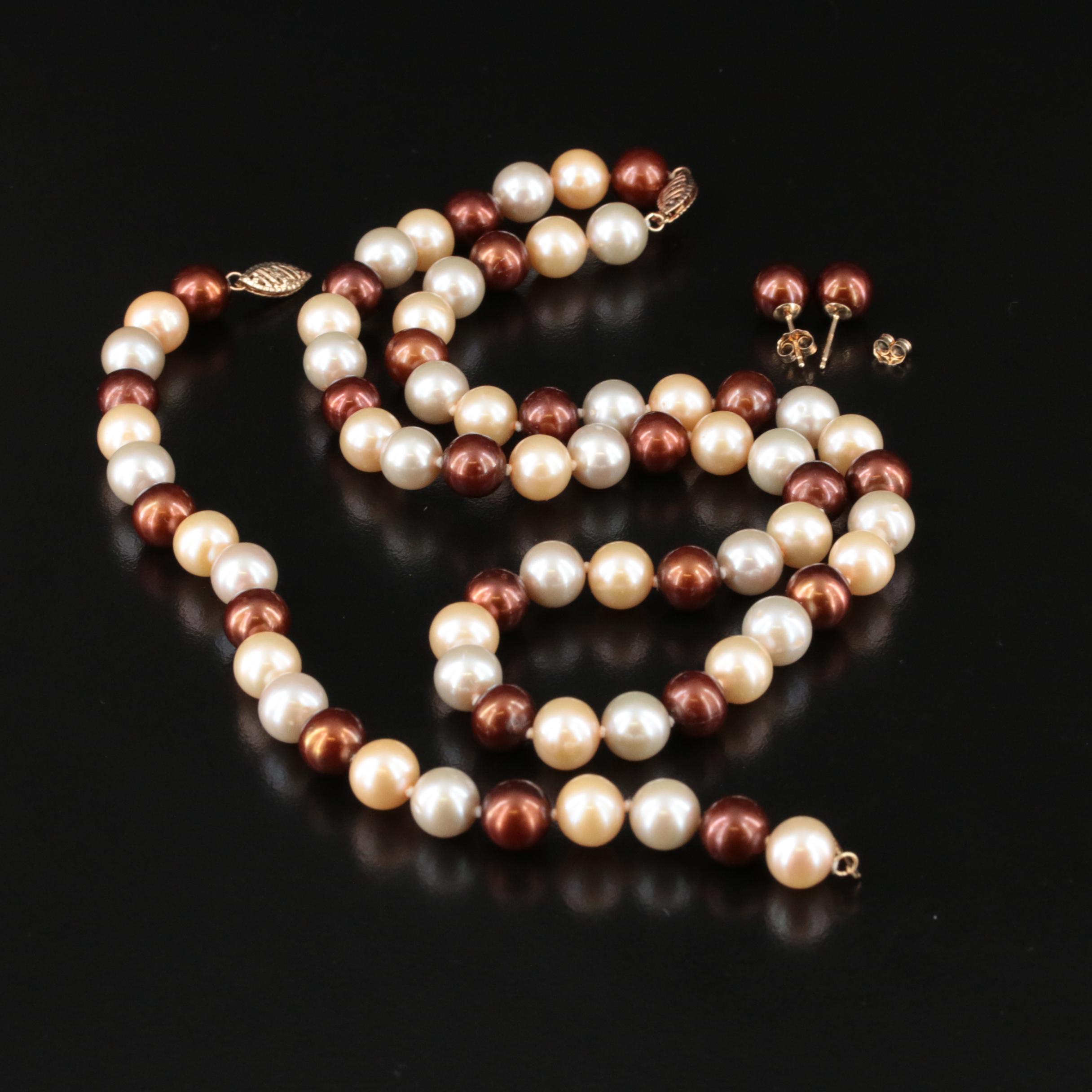14K Pearl Necklace, Bracelet and Earrings