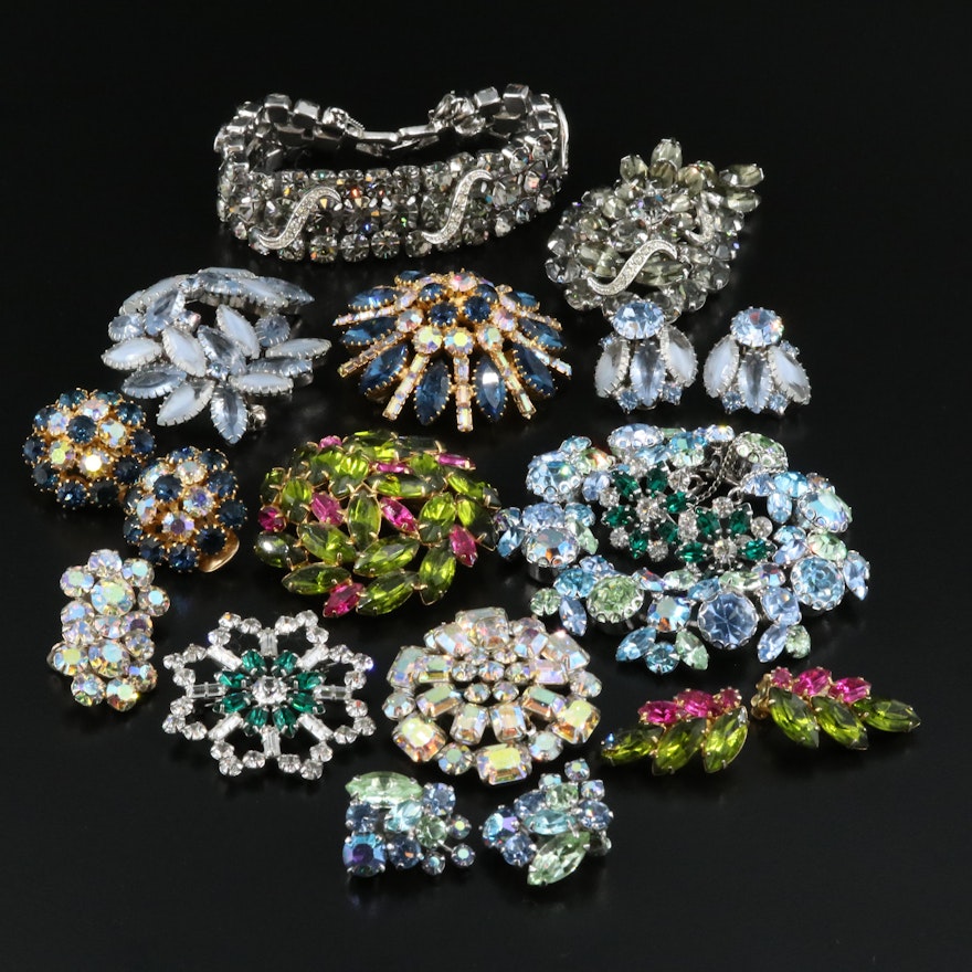 Vintage Rhinestone Grouping Including Bracelet, Brooches and Earrings