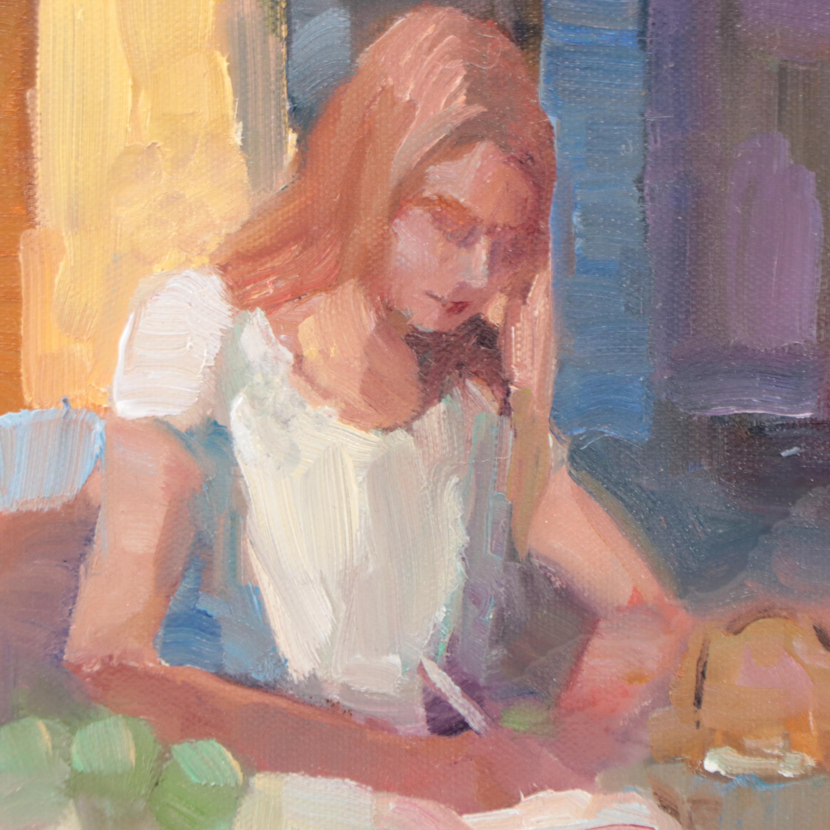 Sally Rosenbaum Oil Painting of Woman in Kitchen, 21st Century
