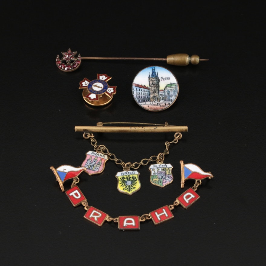 Travel Theme Charms and Brooch to Praha and Victorian Crescent Moon Stick Pin