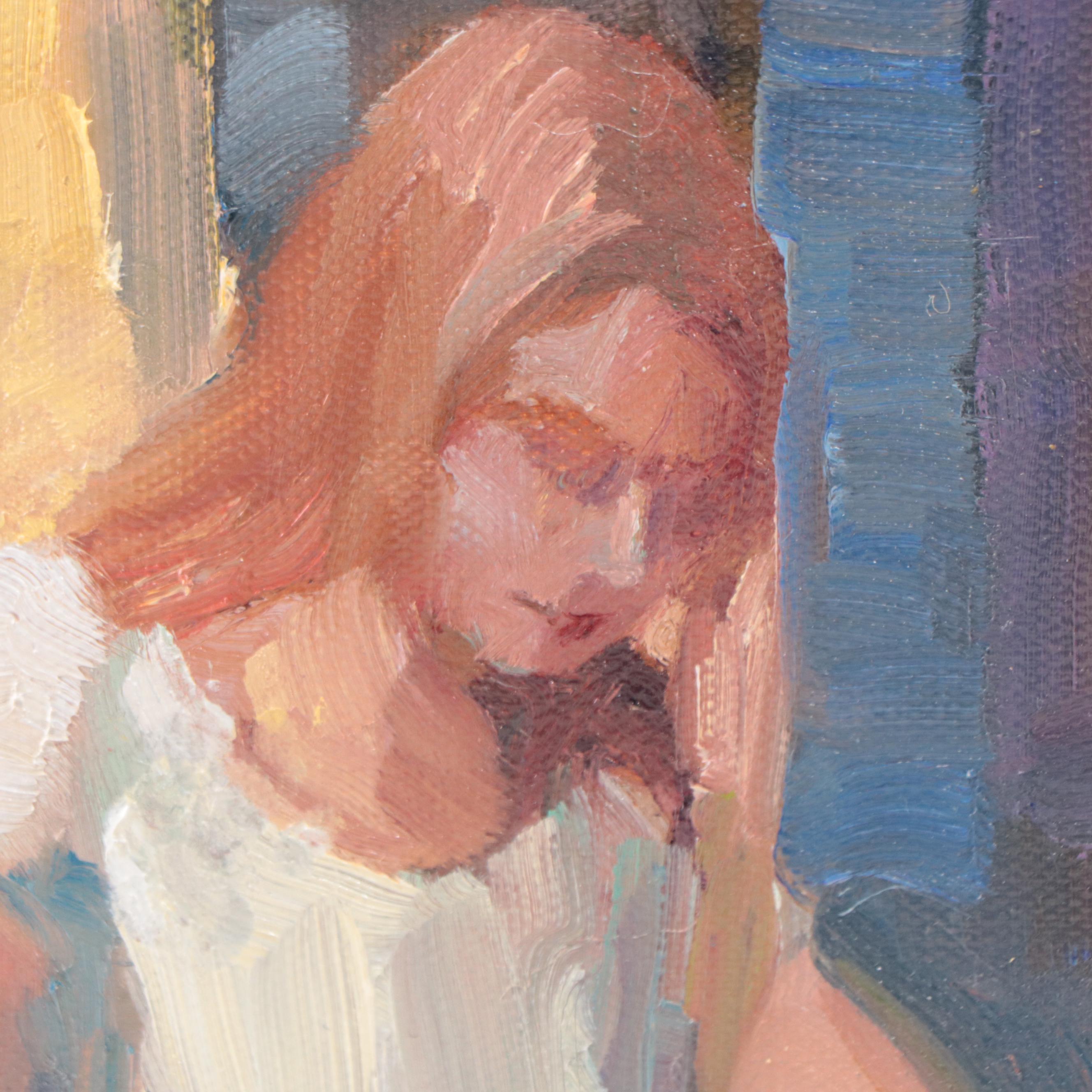 Sally Rosenbaum Oil Painting of Woman in Kitchen, 21st Century