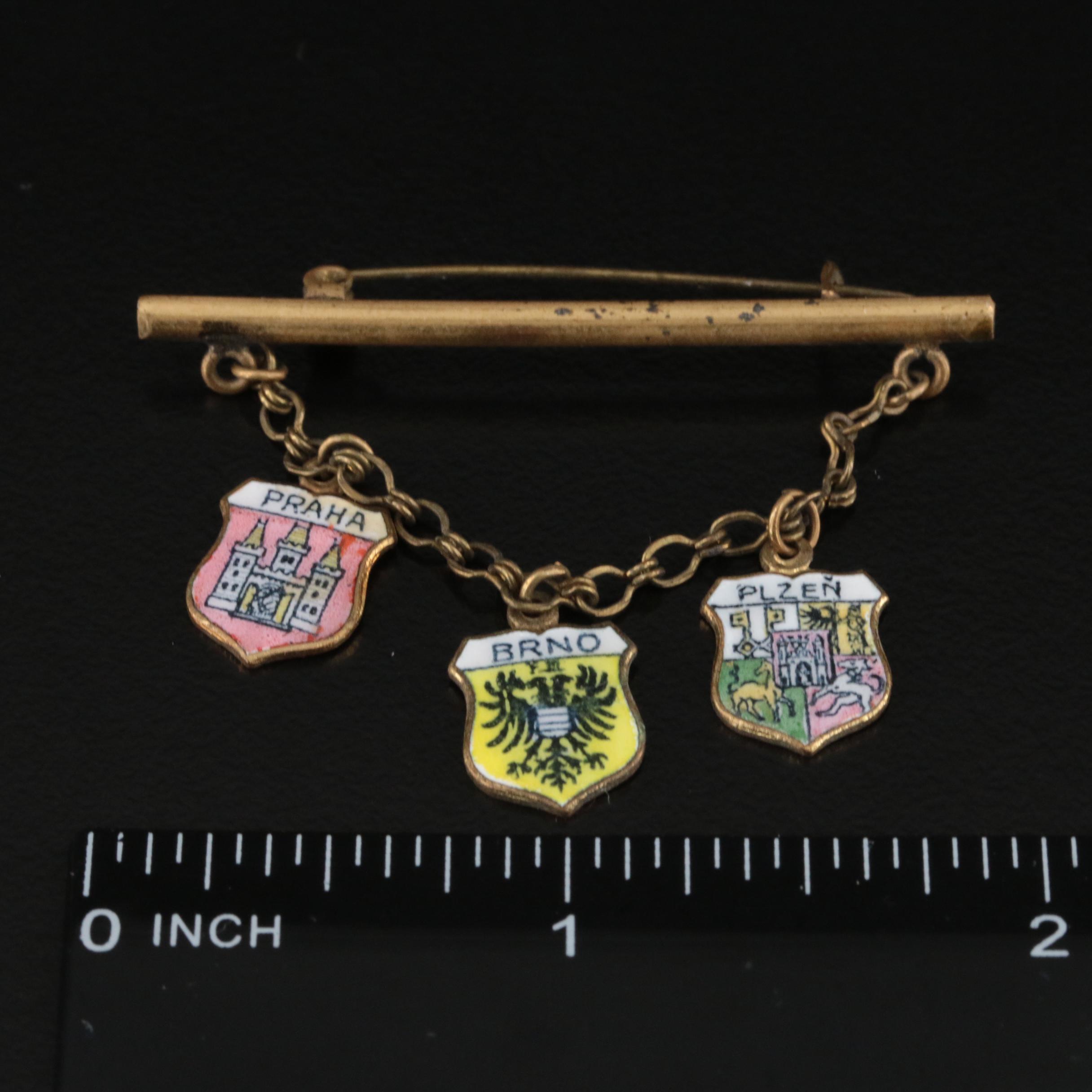 Travel Theme Charms and Brooch to Praha and Victorian Crescent Moon Stick Pin