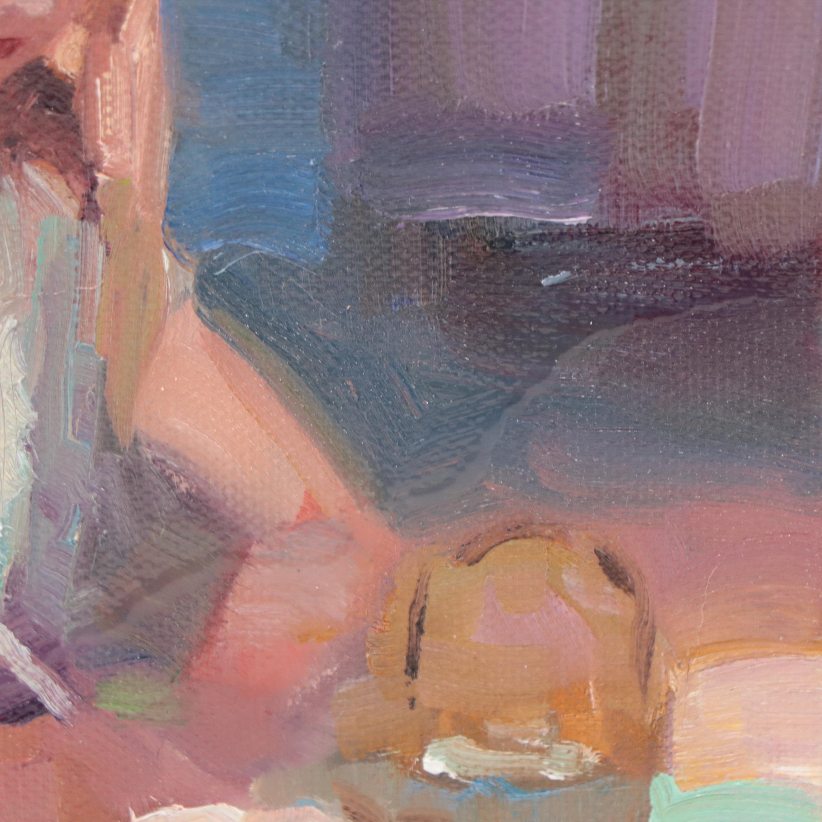 Sally Rosenbaum Oil Painting of Woman in Kitchen, 21st Century