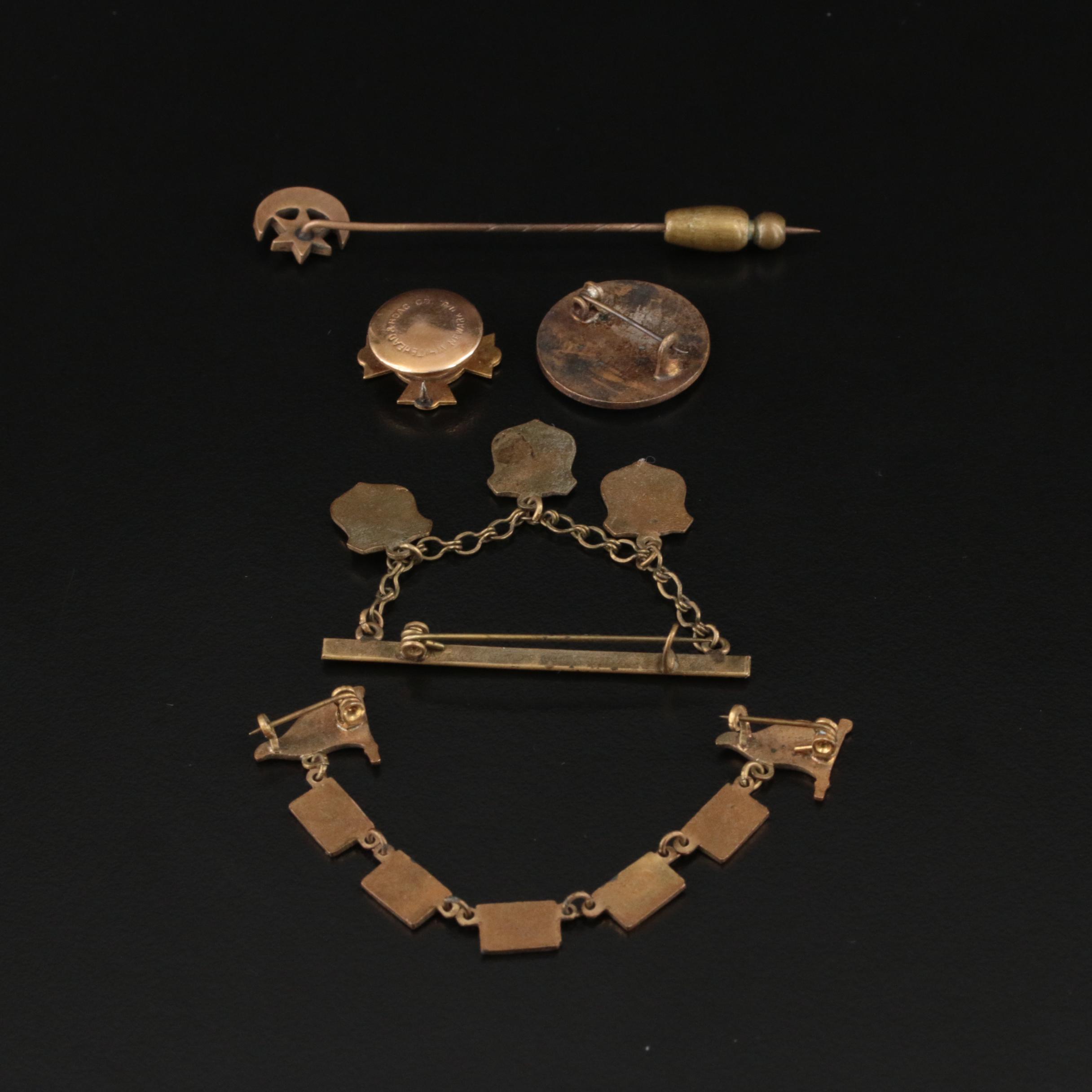 Travel Theme Charms and Brooch to Praha and Victorian Crescent Moon Stick Pin