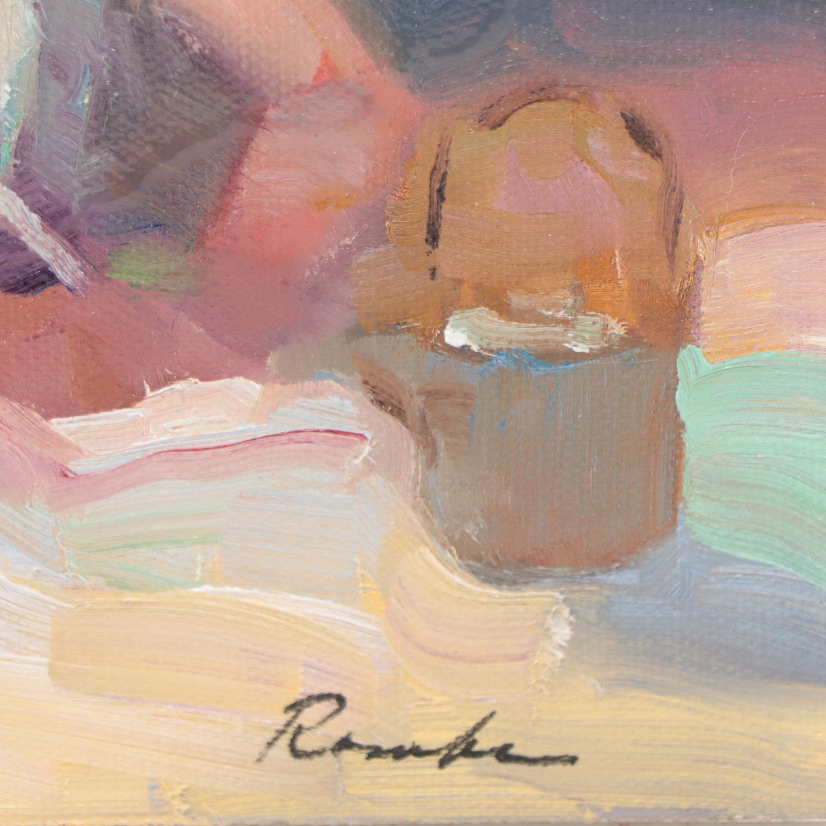 Sally Rosenbaum Oil Painting of Woman in Kitchen, 21st Century