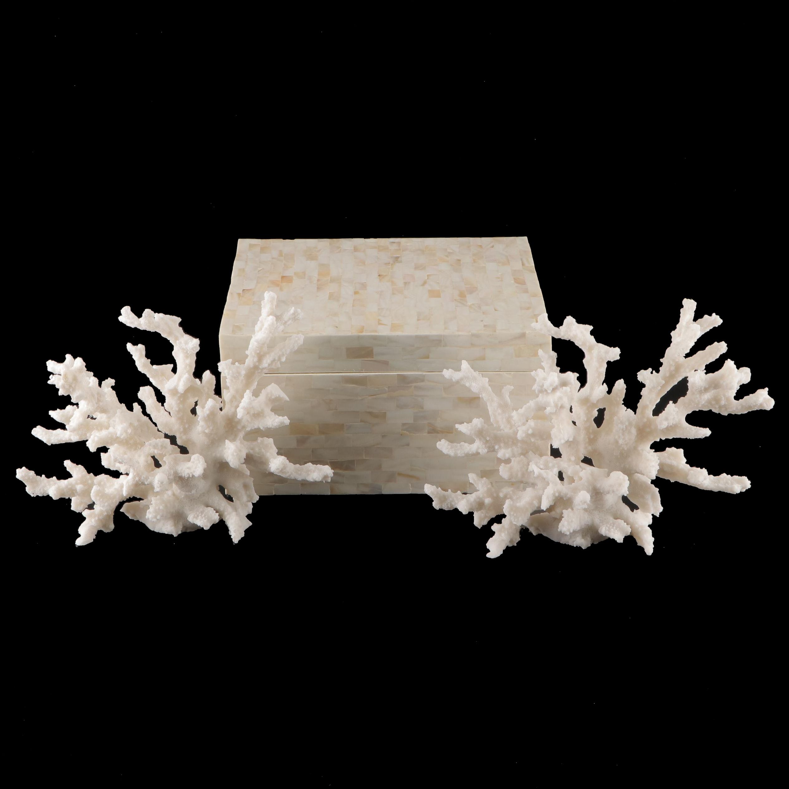 Imax Tessellated Mother-of-Pearl Box with Ethan Allen Resin Faux Coral