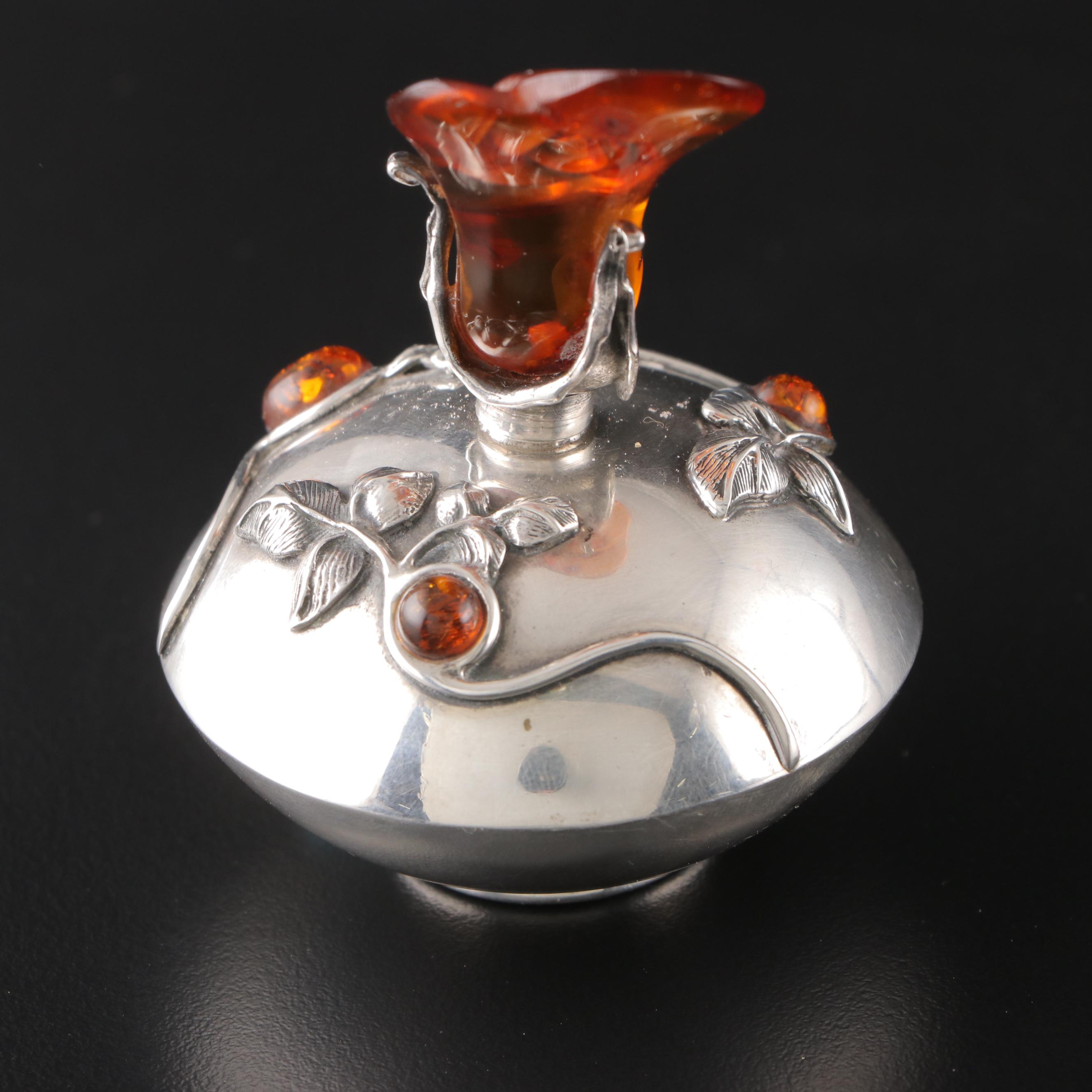 Sterling Silver Perfume Bottle with Carved Amber Inlays and Top