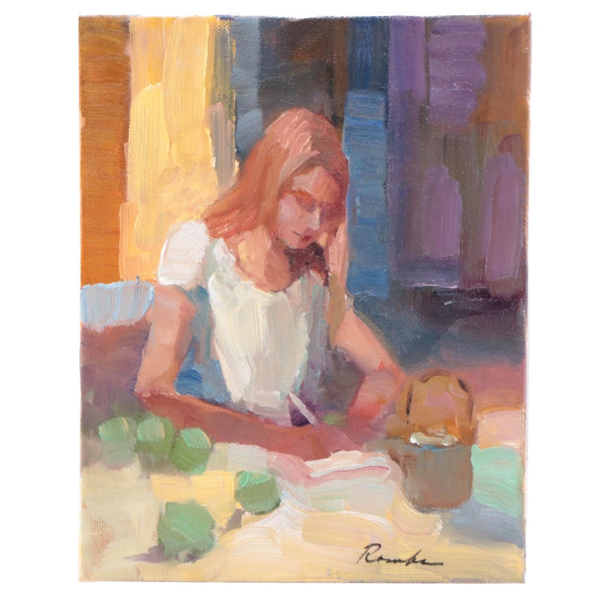 Sally Rosenbaum Oil Painting of Woman in Kitchen, 21st Century