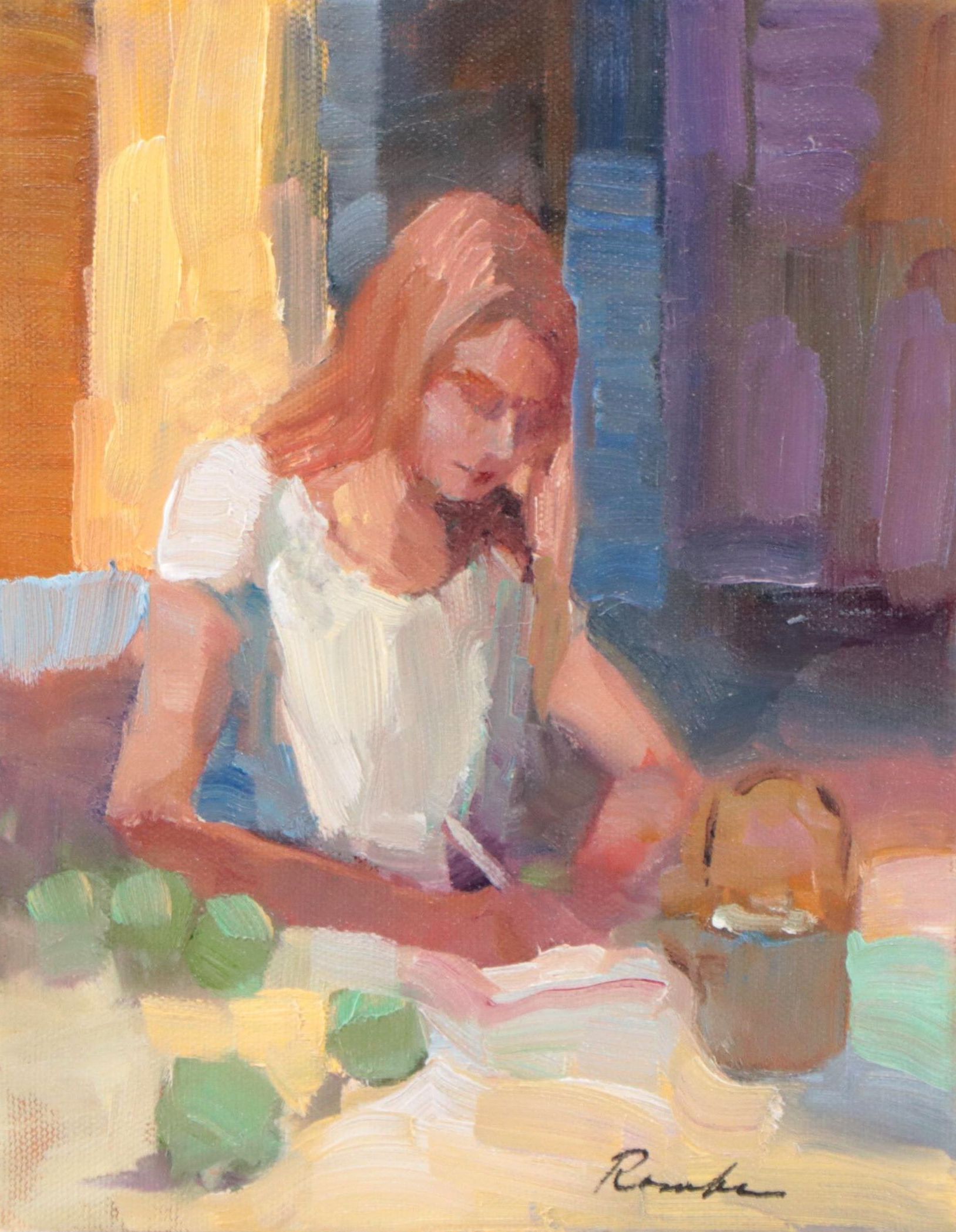 Sally Rosenbaum Oil Painting of Woman in Kitchen, 21st Century