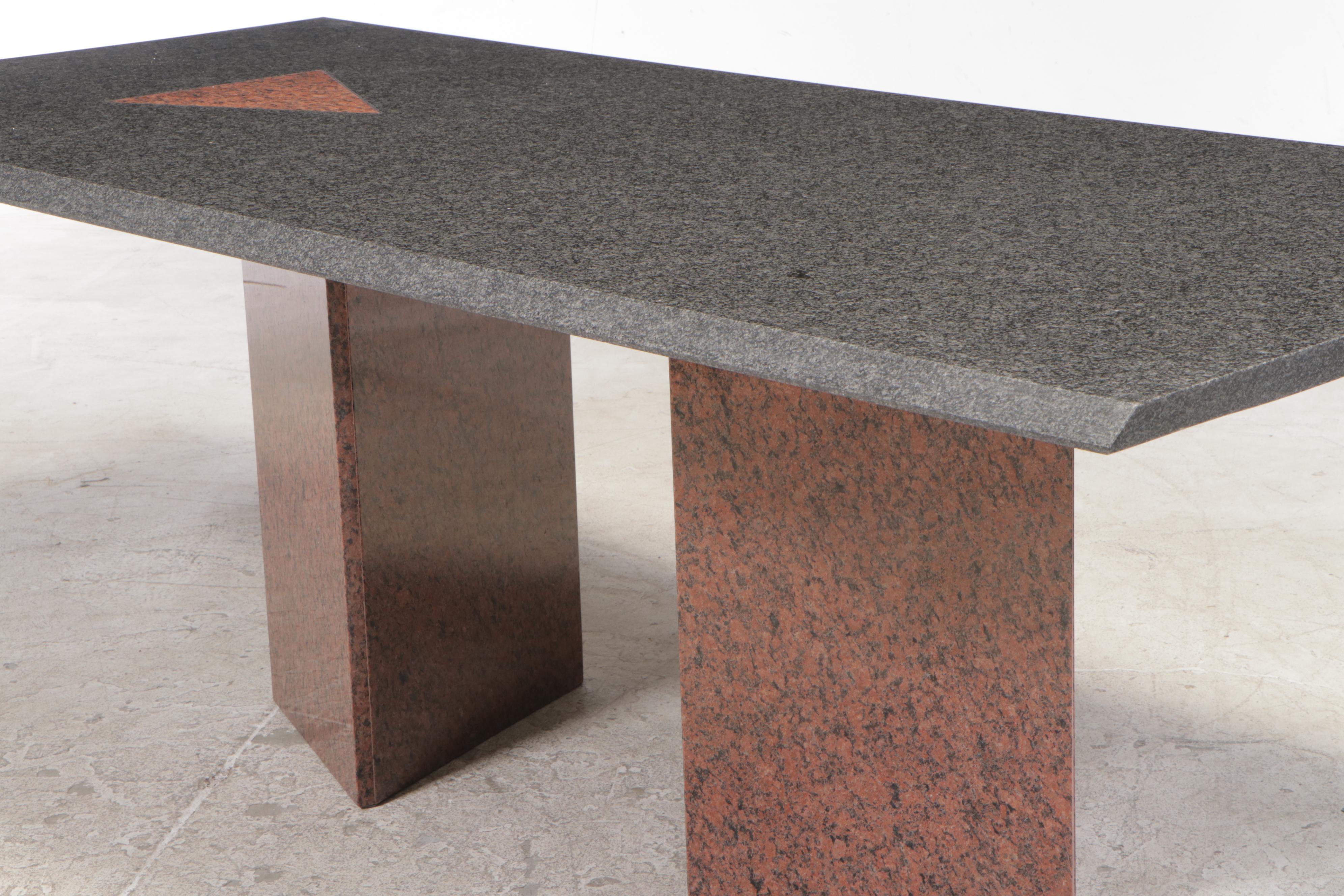 Angular Black and Red Granite Dining Table on Triangular Pedestals