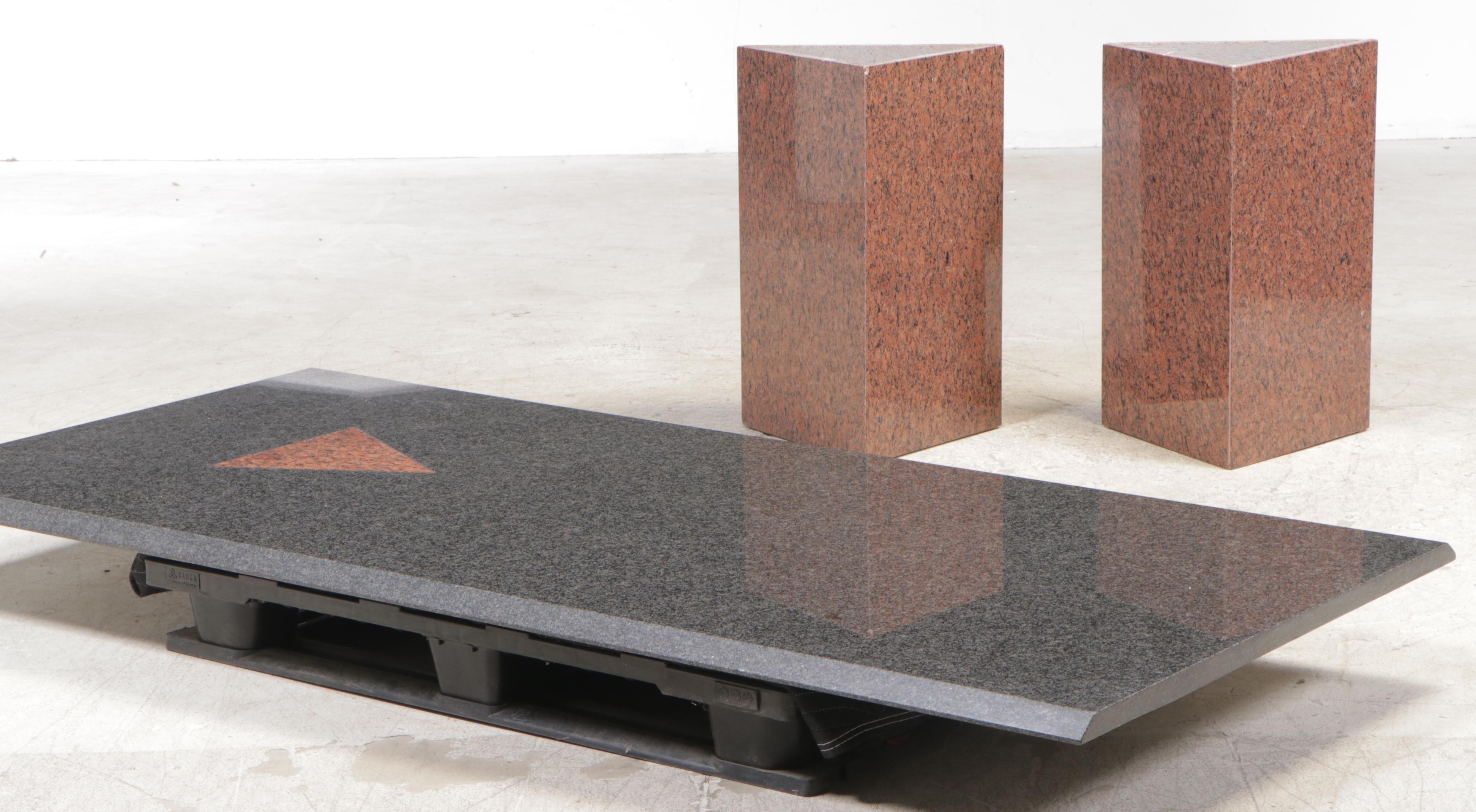 Angular Black and Red Granite Dining Table on Triangular Pedestals