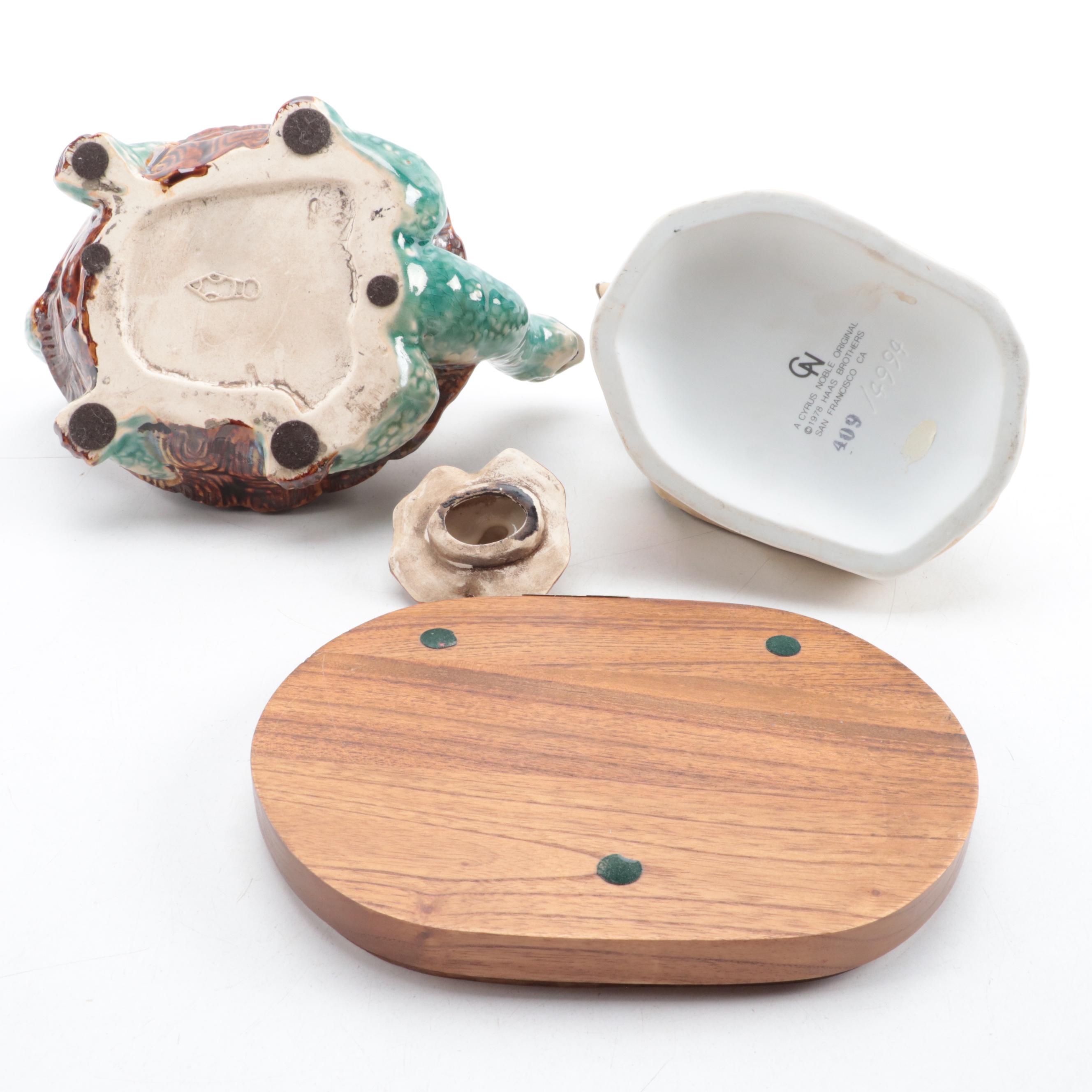 English Style Majolica Tortoise Teapot with Other Turtle Figurines and Décor