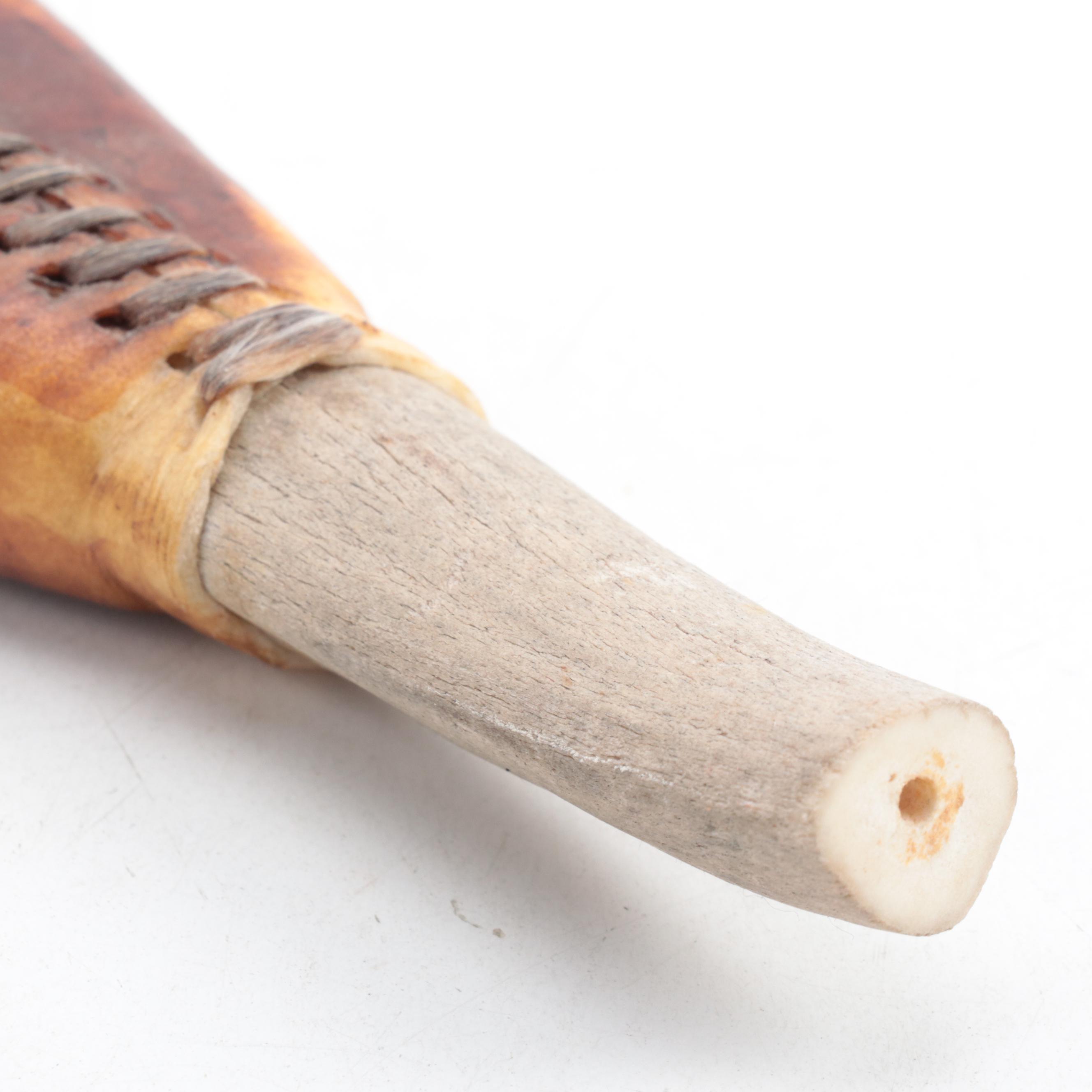 Native American Style Hand-Carved Wood Pipe With Beadwork and Fur Trim