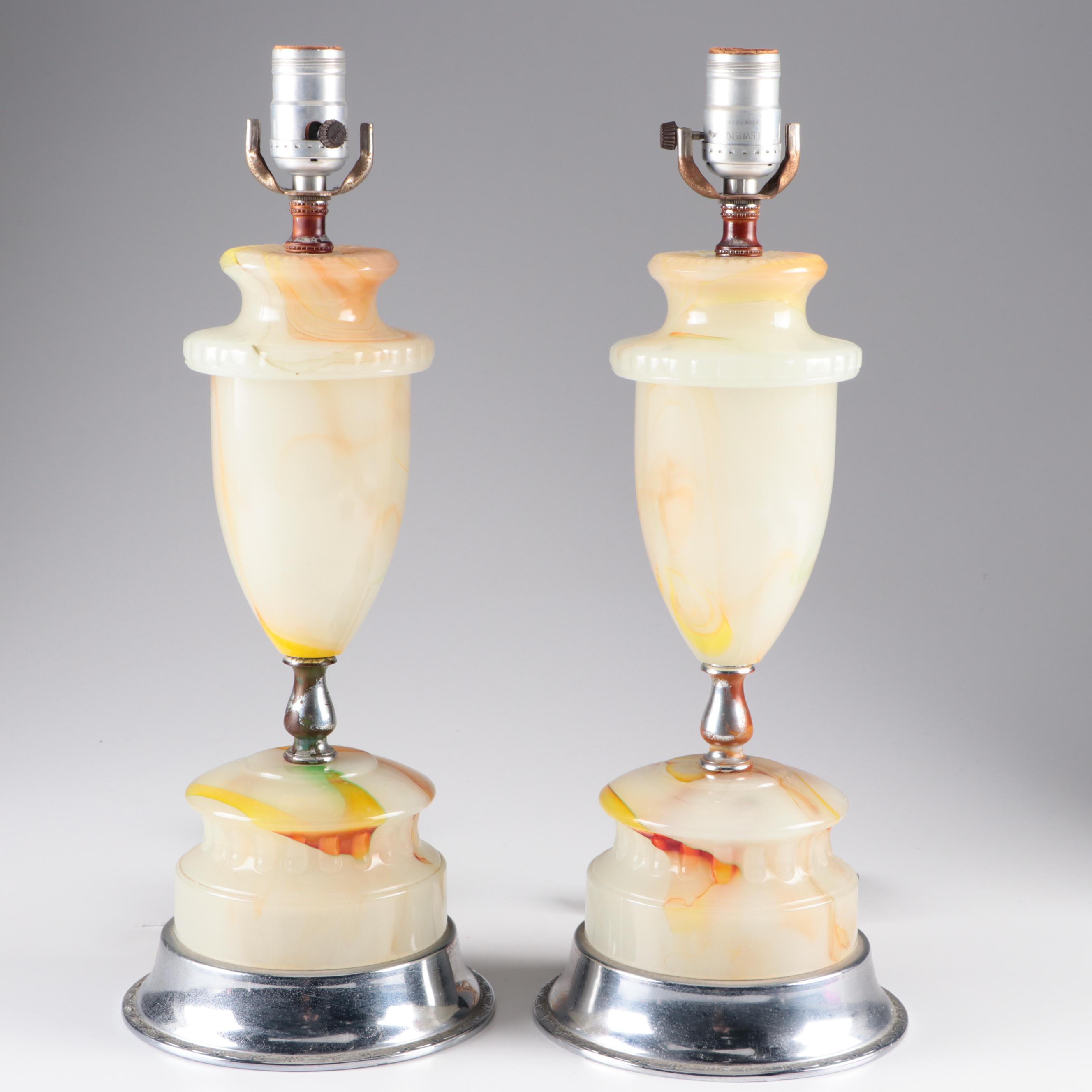 Pair of ABCO Art Deco Slag Glass Urn Table Lamps, Circa 1930s