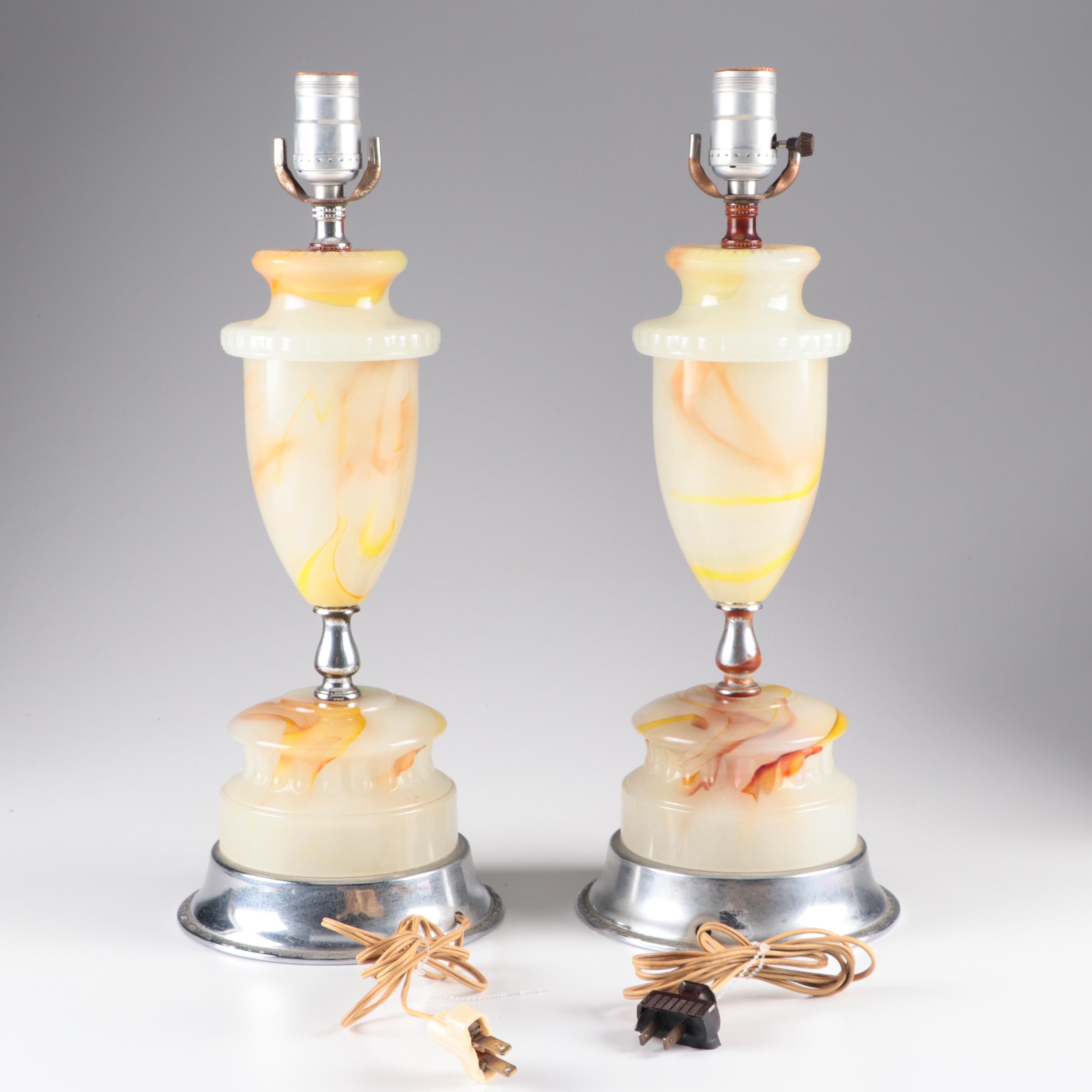 Pair of ABCO Art Deco Slag Glass Urn Table Lamps, Circa 1930s