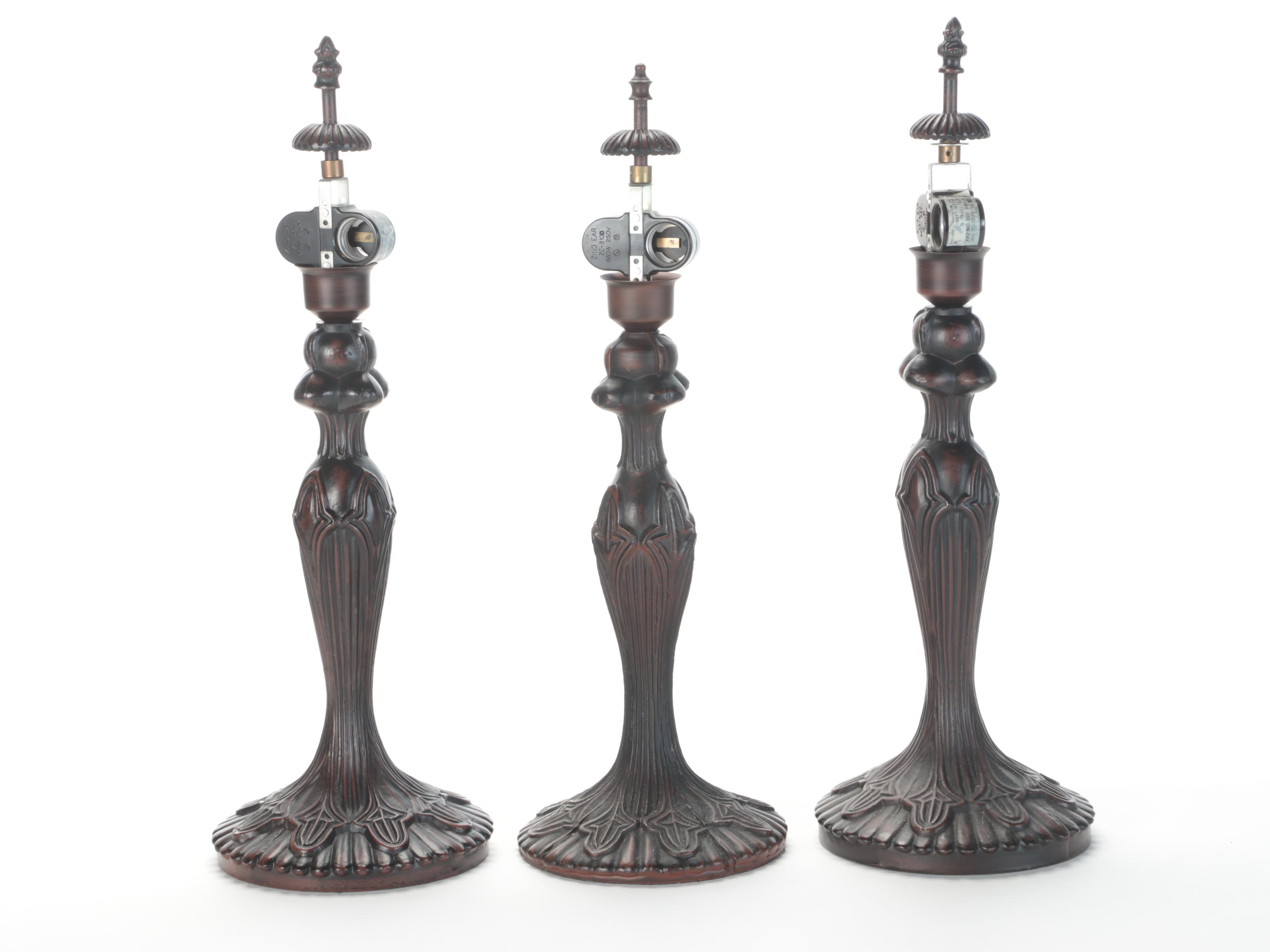 Three Neoclassical Style Bronzed Metal Lamps With Satin Glass Shades, 21st C