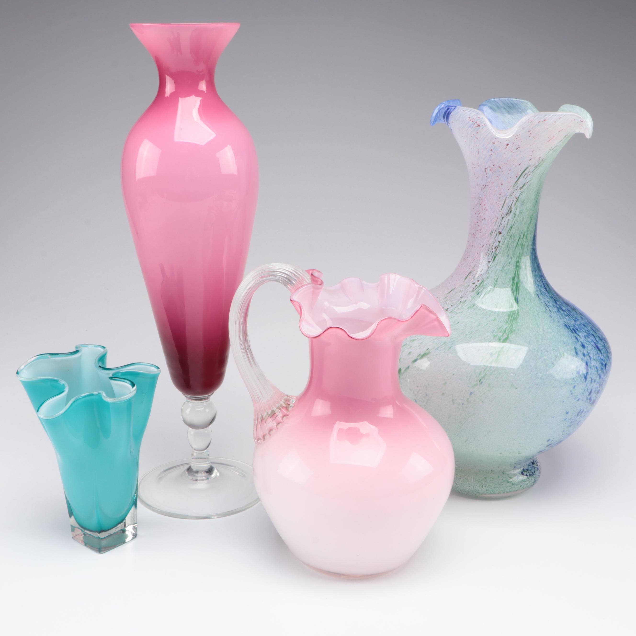 Blown Glass Ruffled Jug with Blown and Other Glass Vases