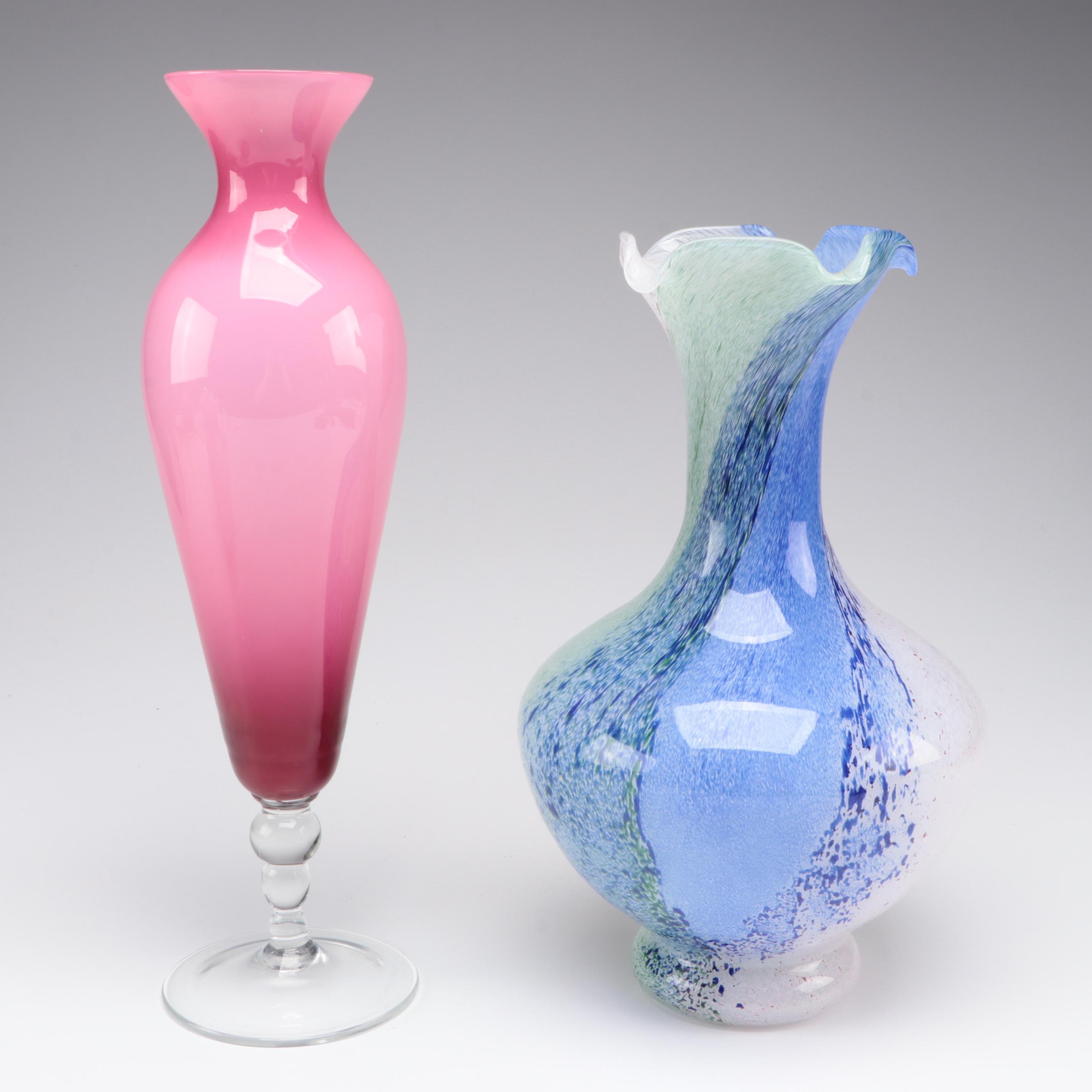 Blown Glass Ruffled Jug with Blown and Other Glass Vases