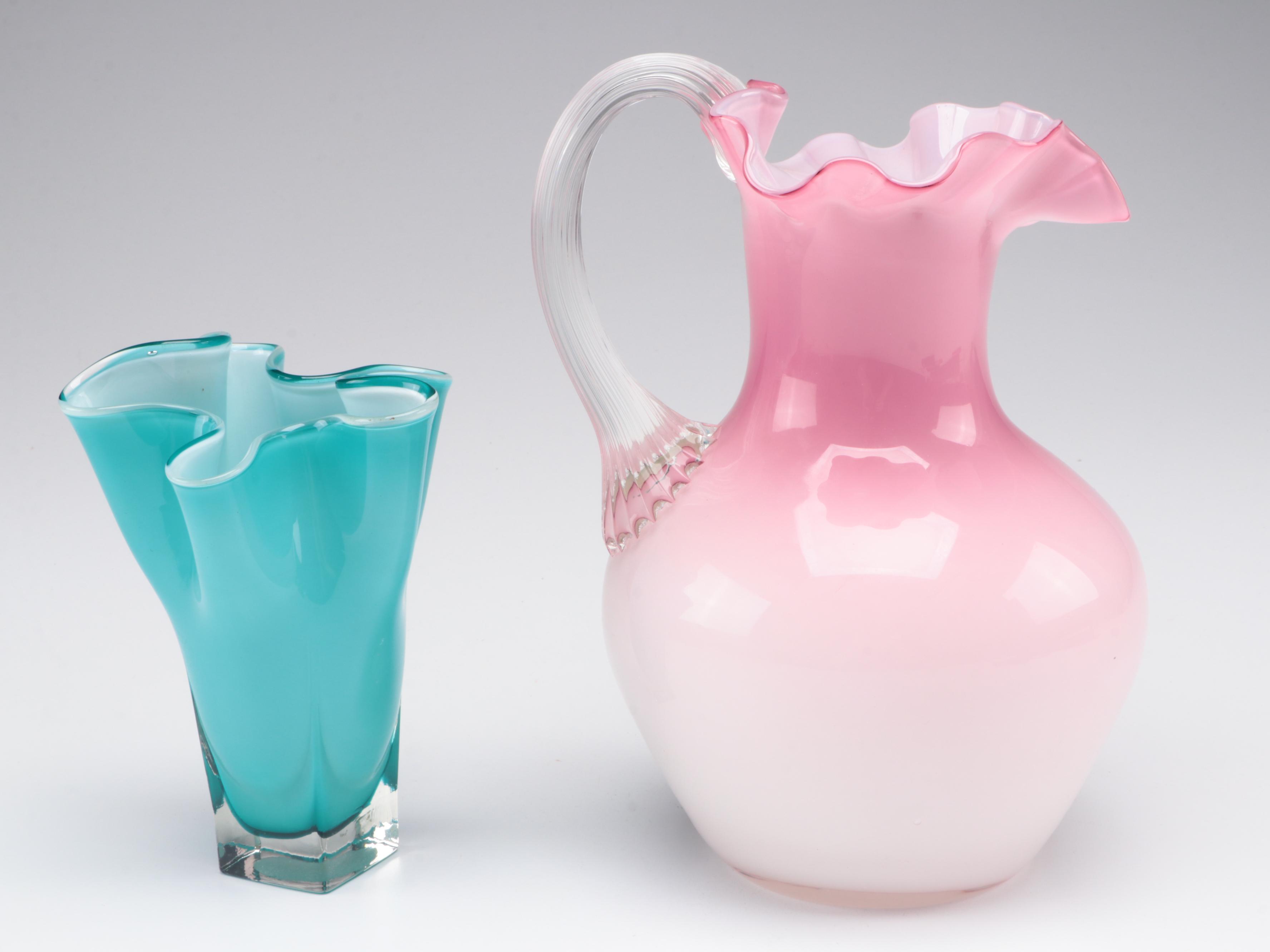 Blown Glass Ruffled Jug with Blown and Other Glass Vases