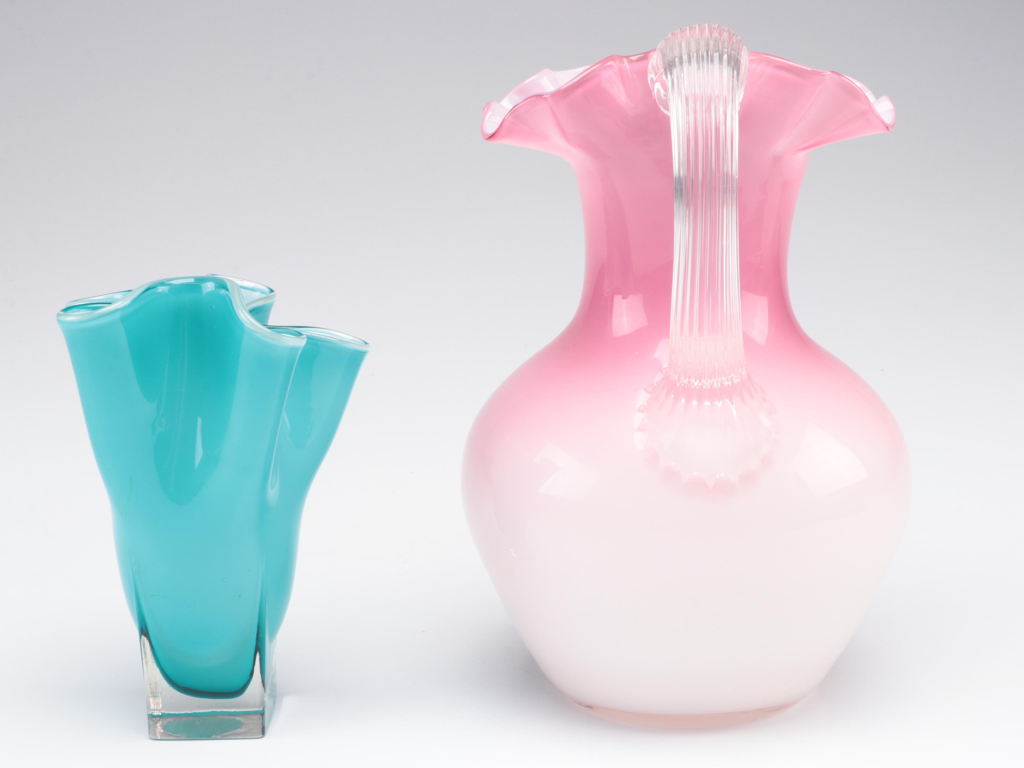 Blown Glass Ruffled Jug with Blown and Other Glass Vases