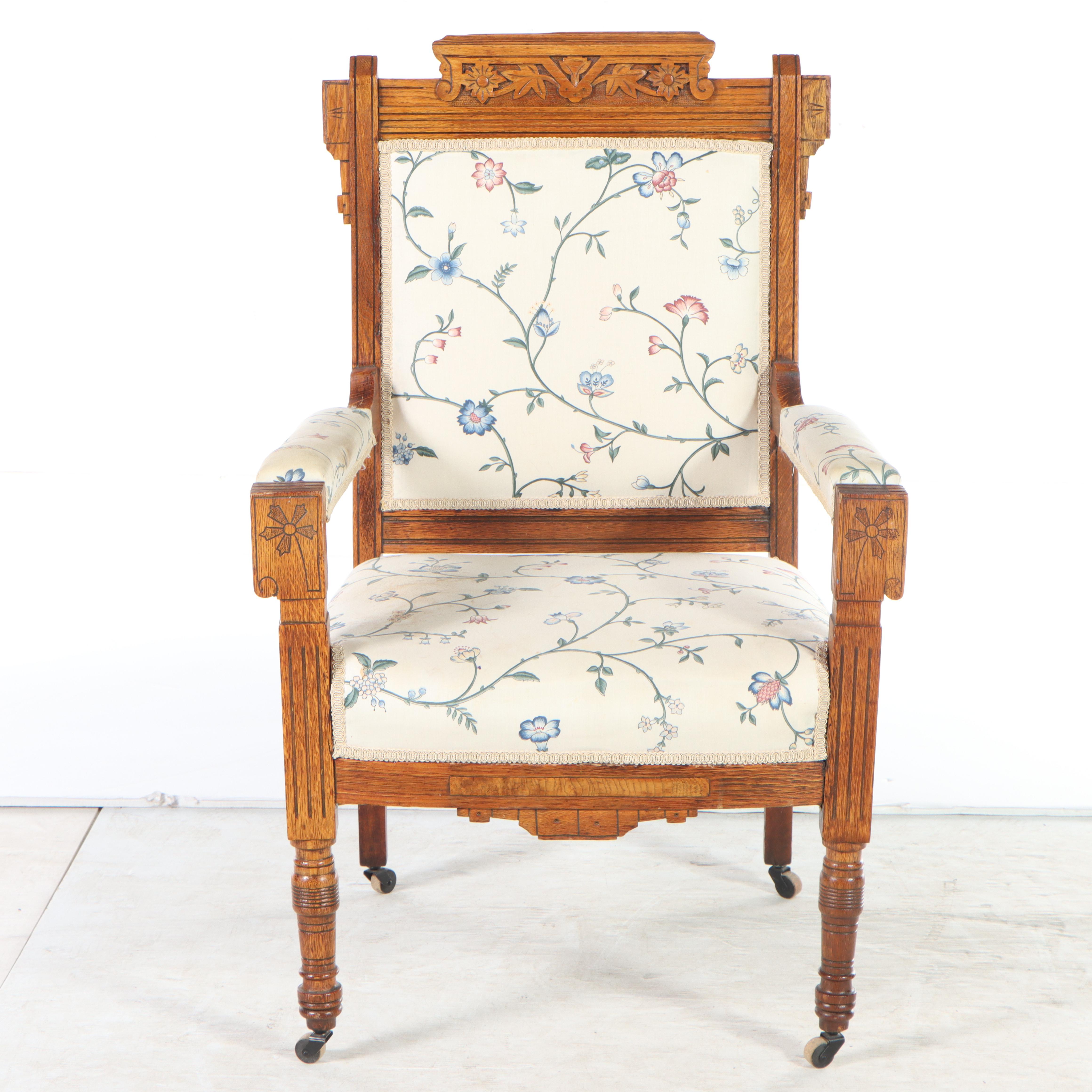 Victorian Carved Oak Open Armchair on Casters, Late 19th Century